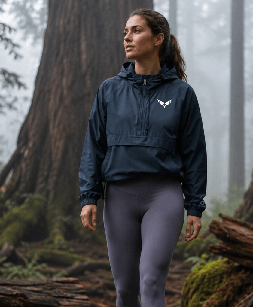 Packable Windbreaker Jacket — Navy Anorak with Small Chest Raven Quest Athletic Logo - Raven Quest Apparel