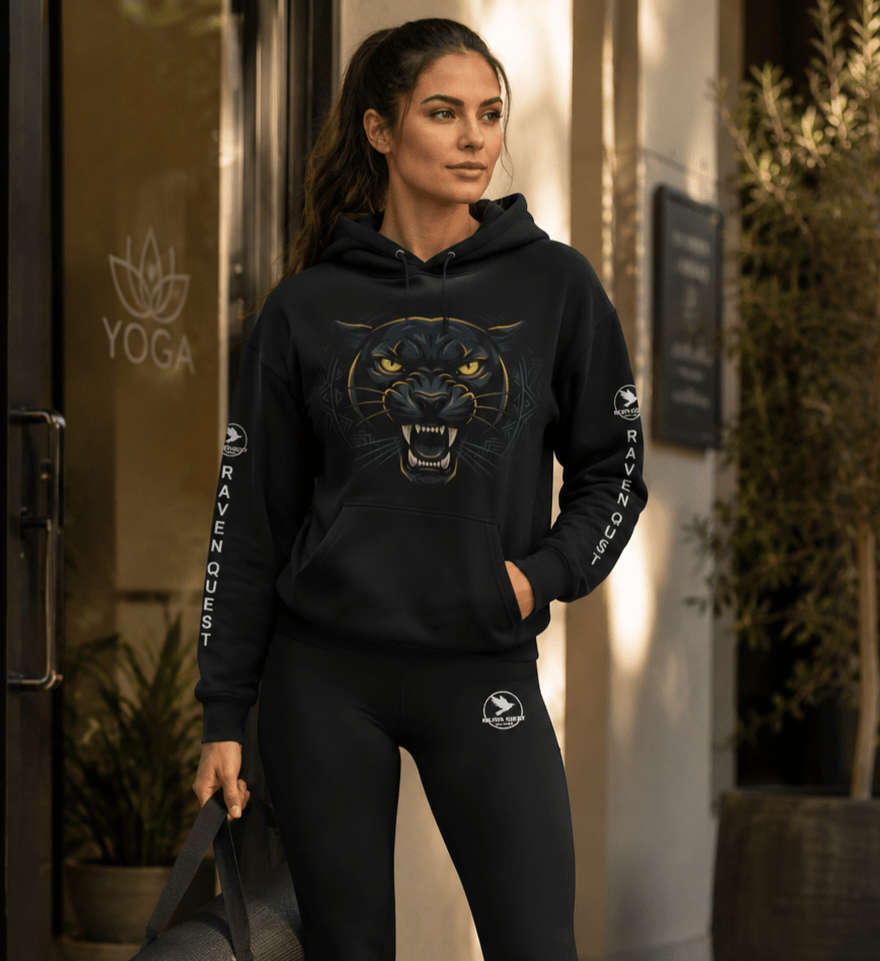 Panther Head Hoodie — Fierce Yellow - Eyed Graphic Pullover - Raven Quest Apparel