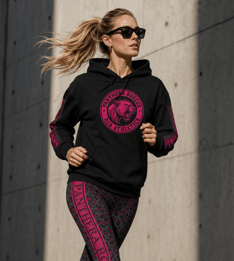 Panthera Rosa Girl Athletics Hoodie — Pink Panther Emblem Sweatshirt - Raven Quest Apparel