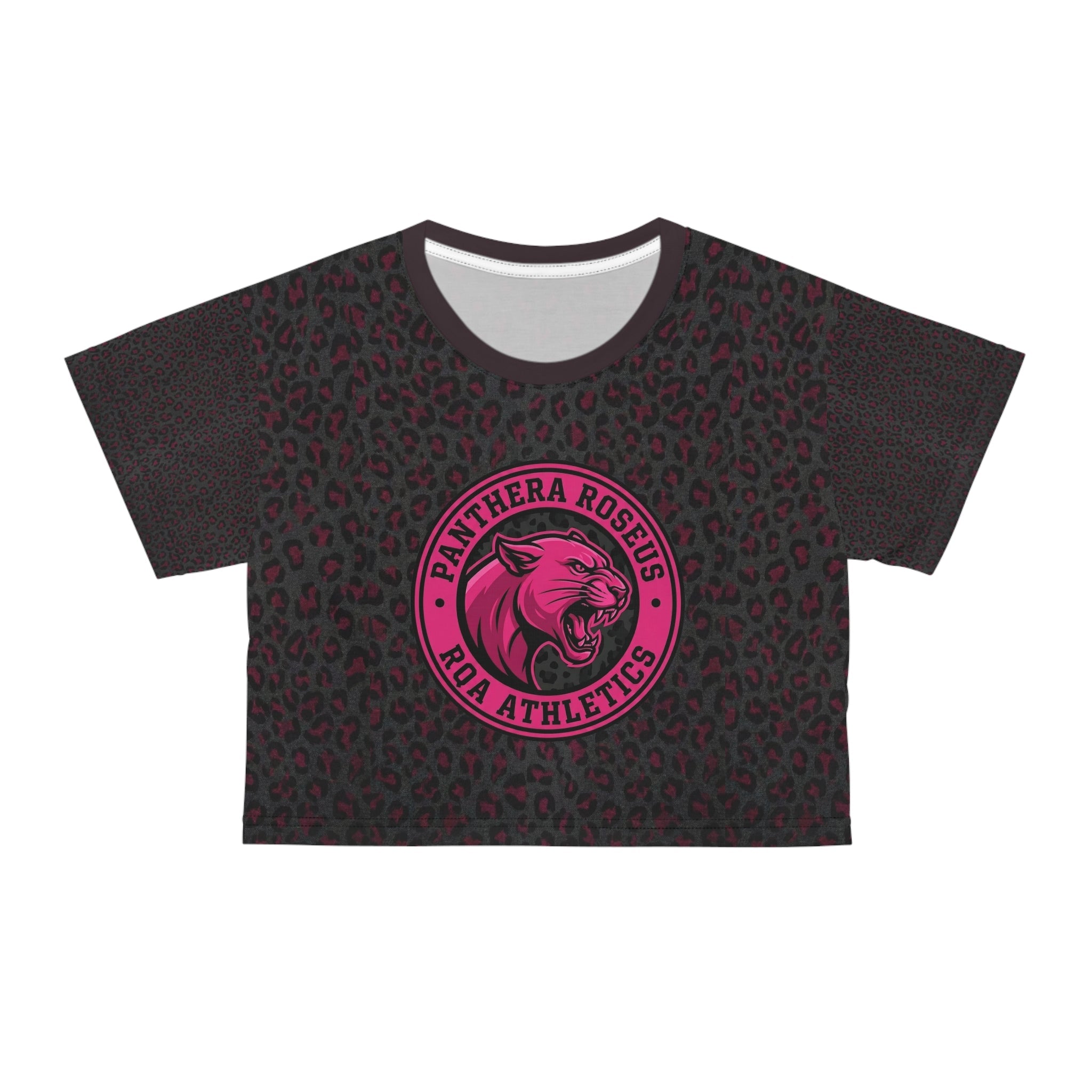 Panthera Roseus ROA Athletics Leopard Crop Tee — Pink Panther Logo Athletic Crop Top - Raven Quest Apparel
