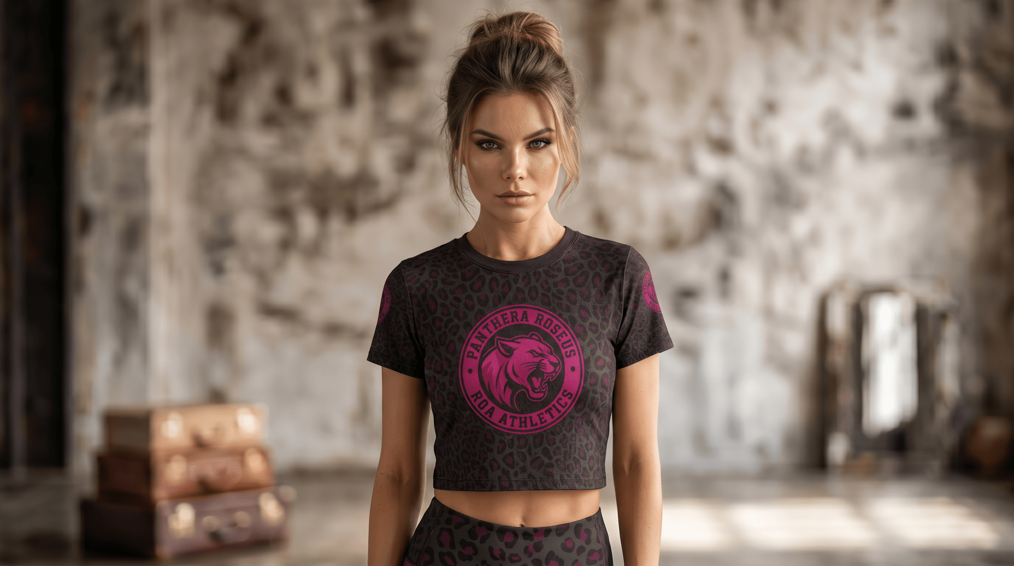 Panthera Roseus ROA Athletics Leopard Crop Tee — Pink Panther Logo Athletic Crop Top - Raven Quest Apparel