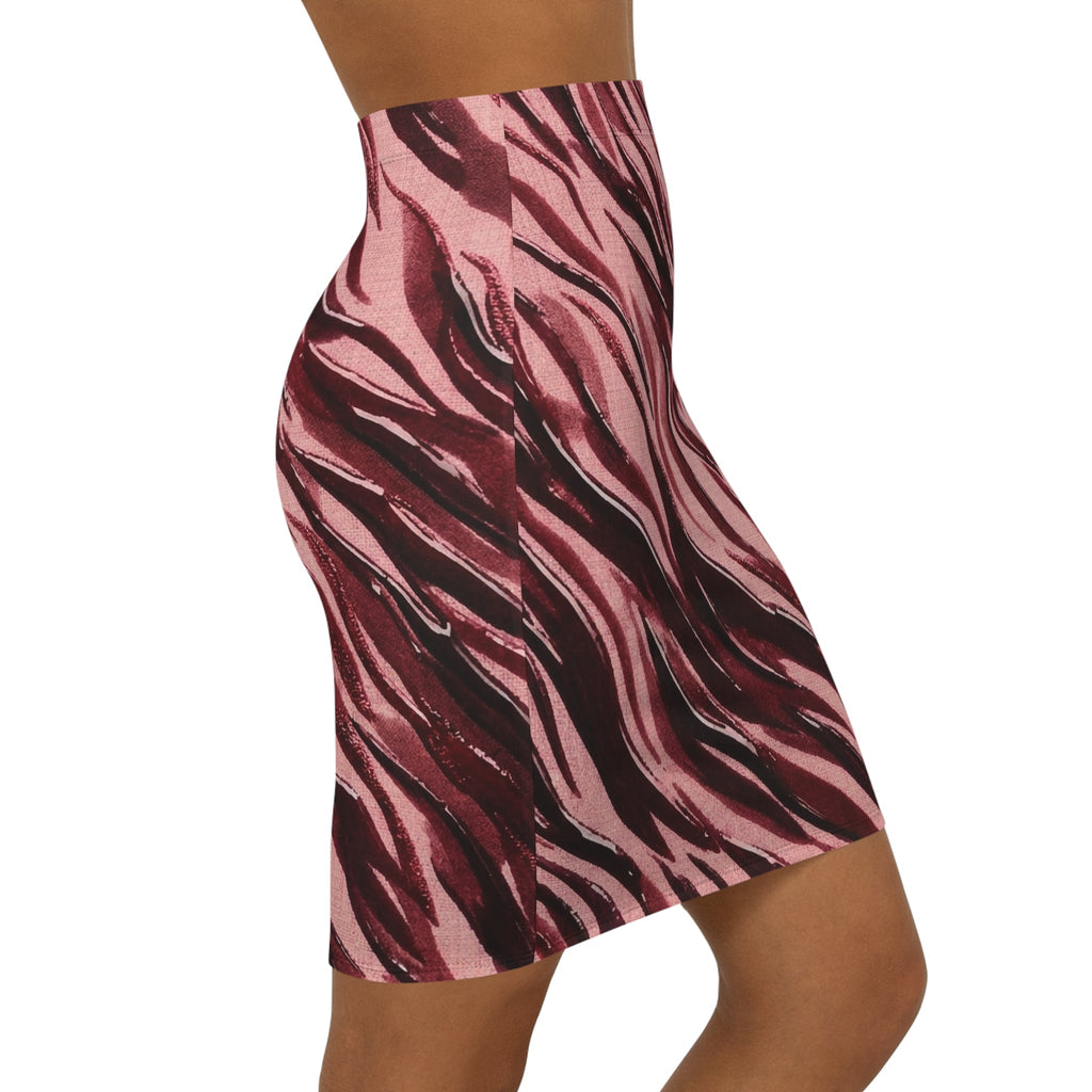 Pink Burgundy Zebra Print Pencil Skirt — Women's Mid - Waist Animal Print Fashion - Raven Quest Apparel