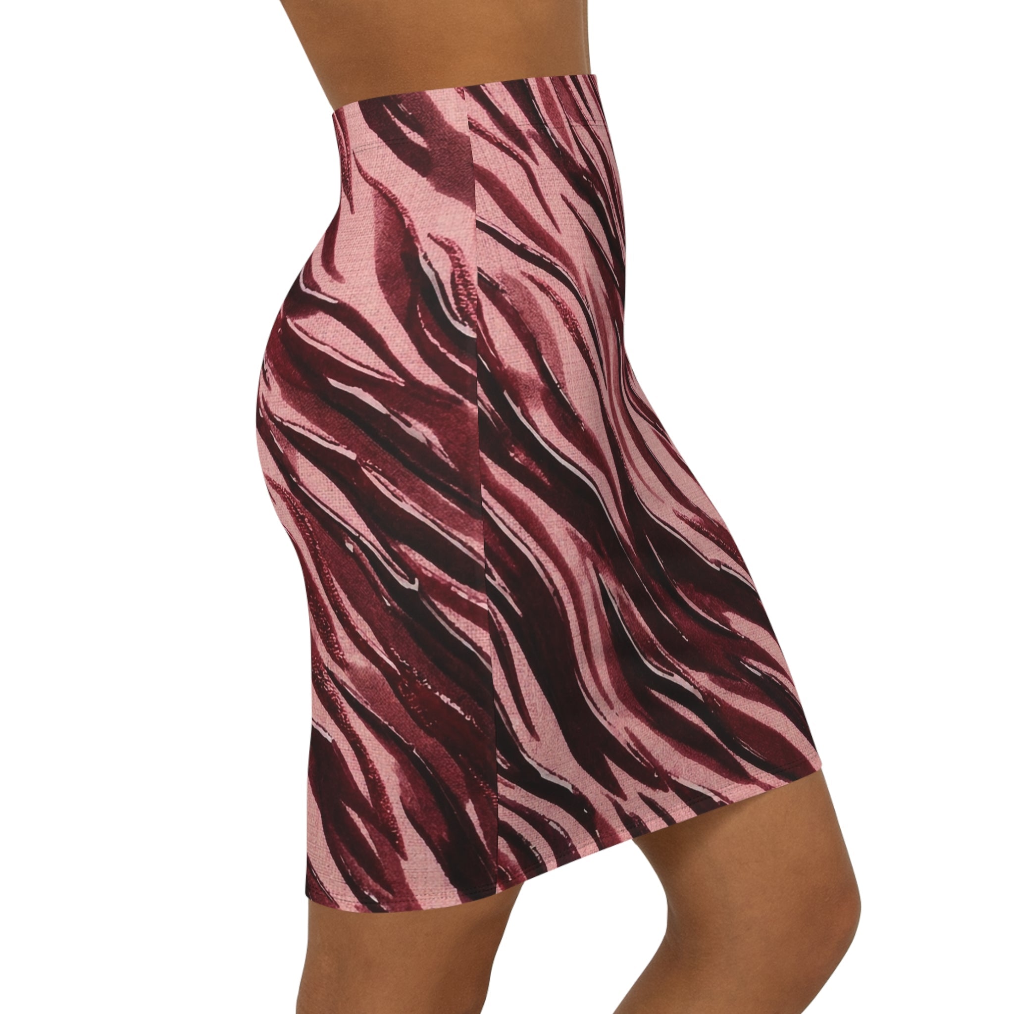 Pink Burgundy Zebra Print Pencil Skirt — Women's Mid - Waist Animal Print Fashion - Raven Quest Apparel