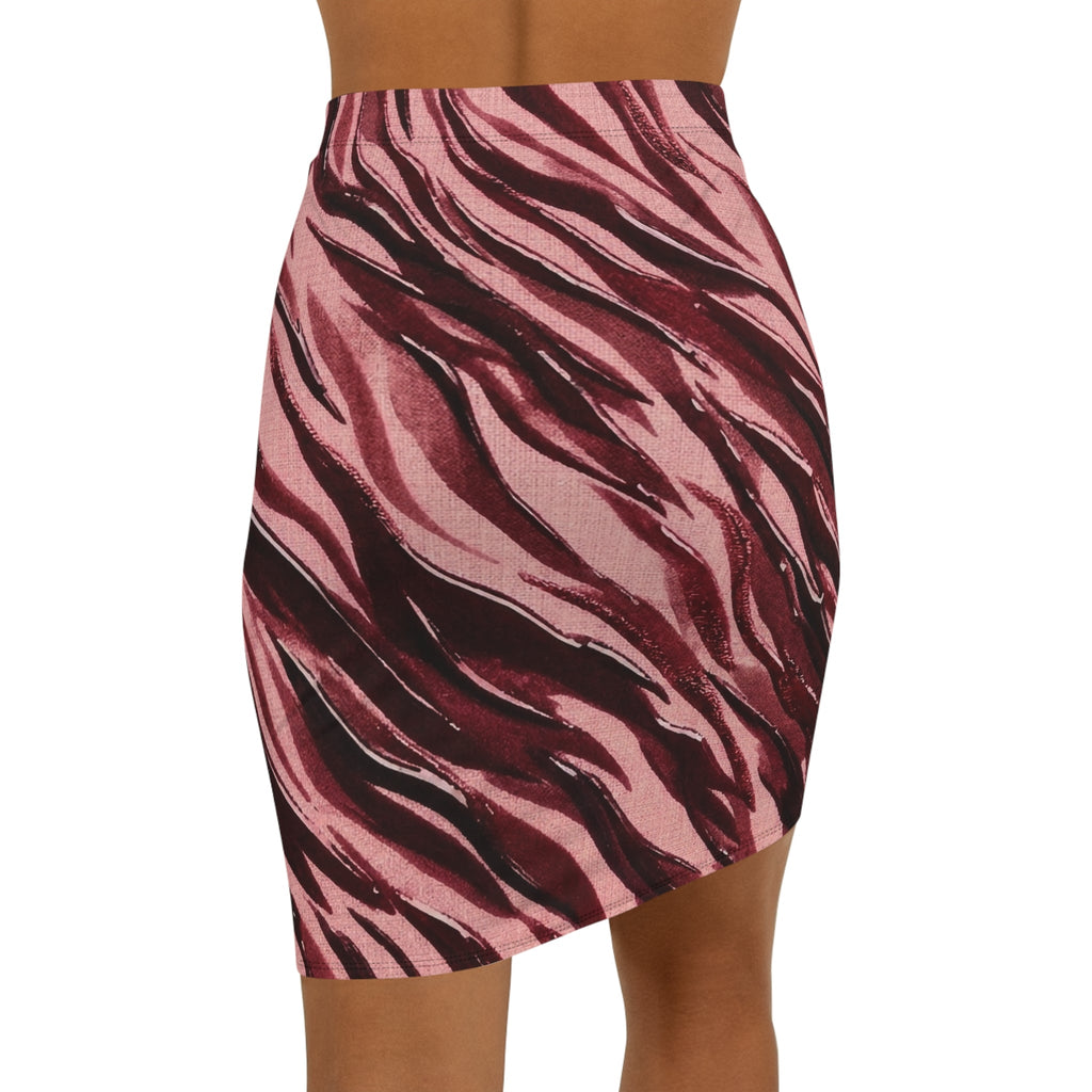 Pink Burgundy Zebra Print Pencil Skirt — Women's Mid - Waist Animal Print Fashion - Raven Quest Apparel