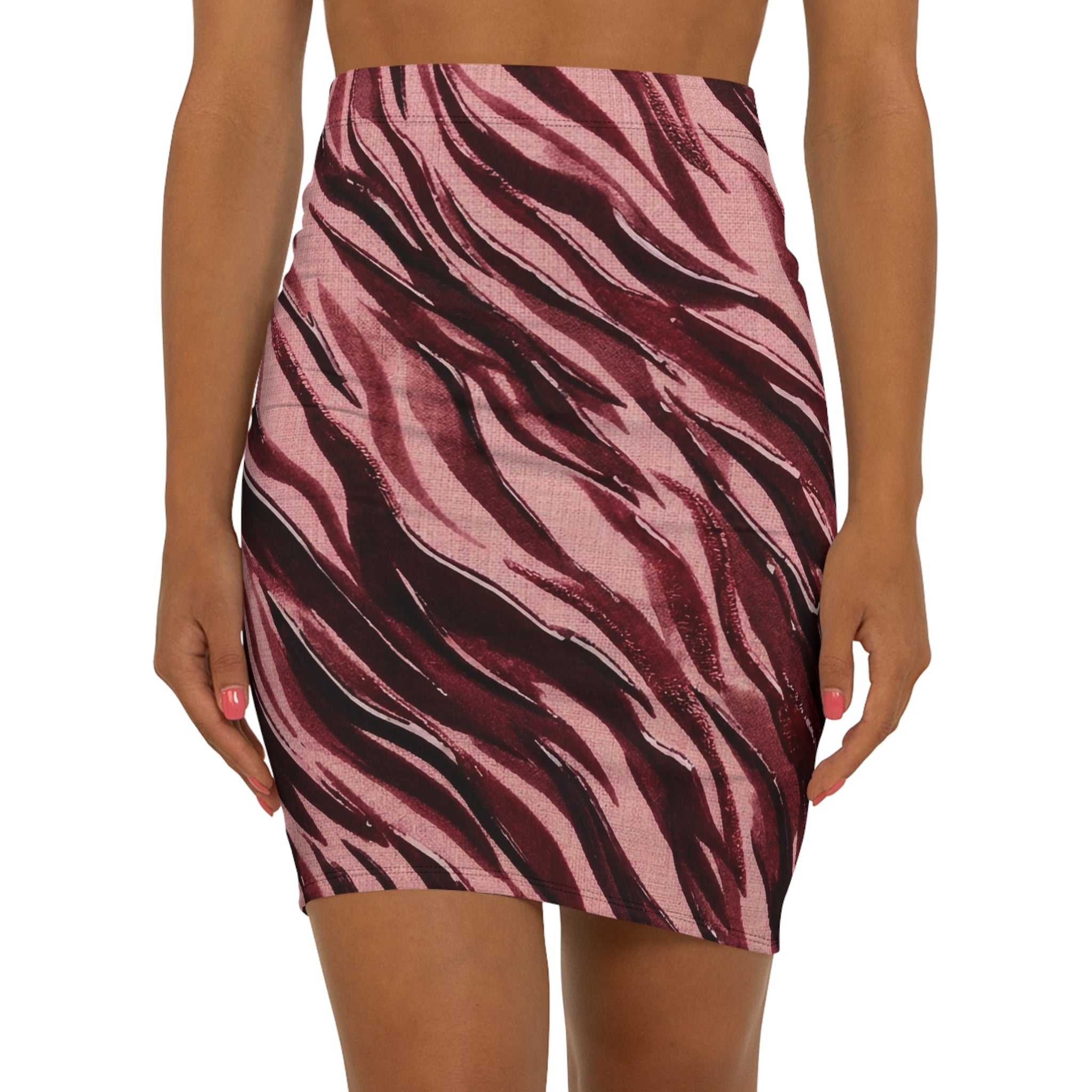 Pink Burgundy Zebra Print Pencil Skirt — Women's Mid - Waist Animal Print Fashion - Raven Quest Apparel