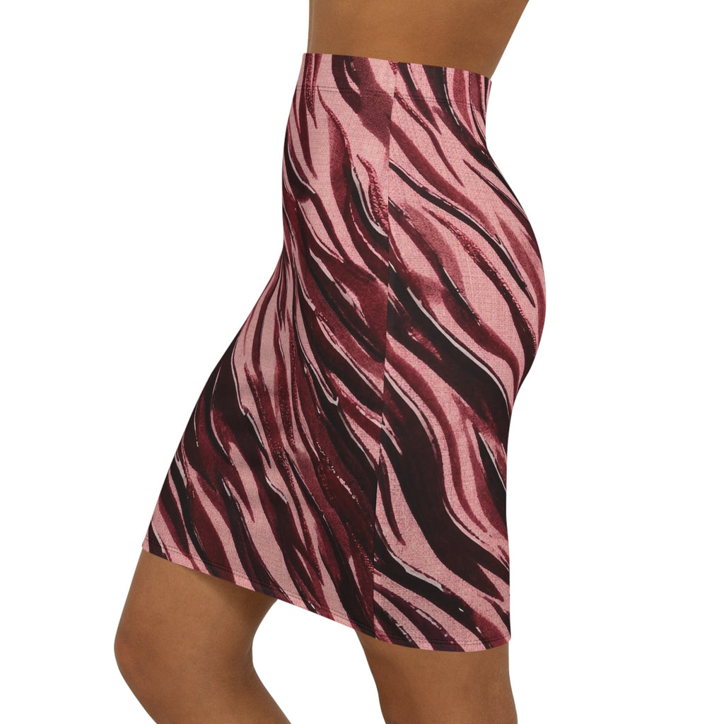 Pink Burgundy Zebra Print Pencil Skirt — Women's Mid - Waist Animal Print Fashion - Raven Quest Apparel