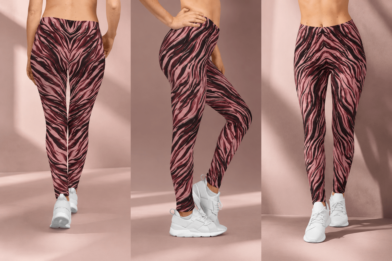 Pink Tiger Print Leggings — Women's Fashionable Animal - Print Full - Length Leggings - Raven Quest Apparel