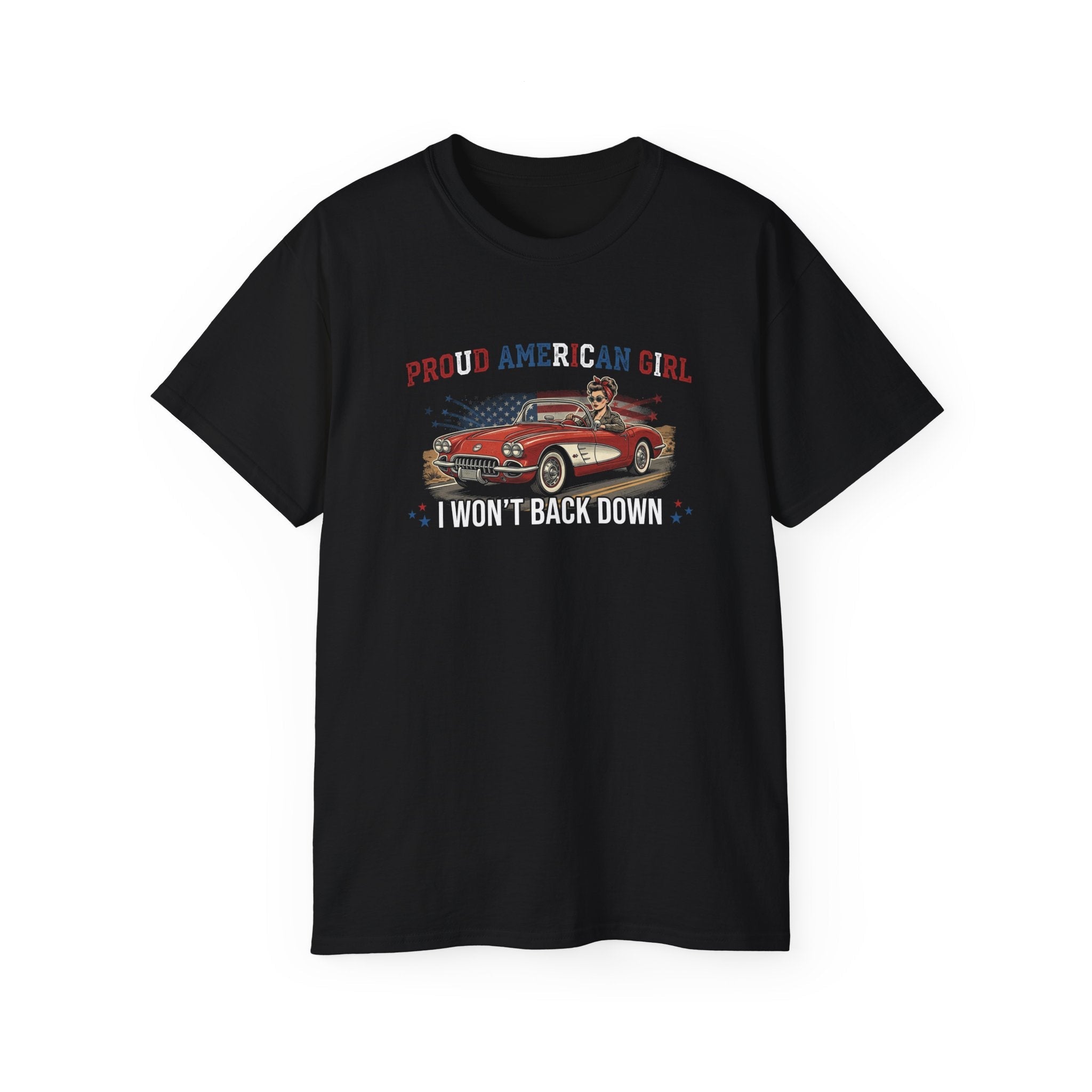 Proud American Girl Tee - 'I Won't Back Down' Vintage Car Patriotic T-Shirt - Raven Quest Apparel
