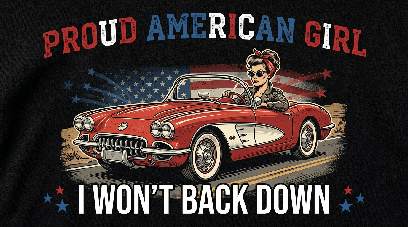 Proud American Girl Tee - 'I Won't Back Down' Vintage Car Patriotic T-Shirt - Raven Quest Apparel