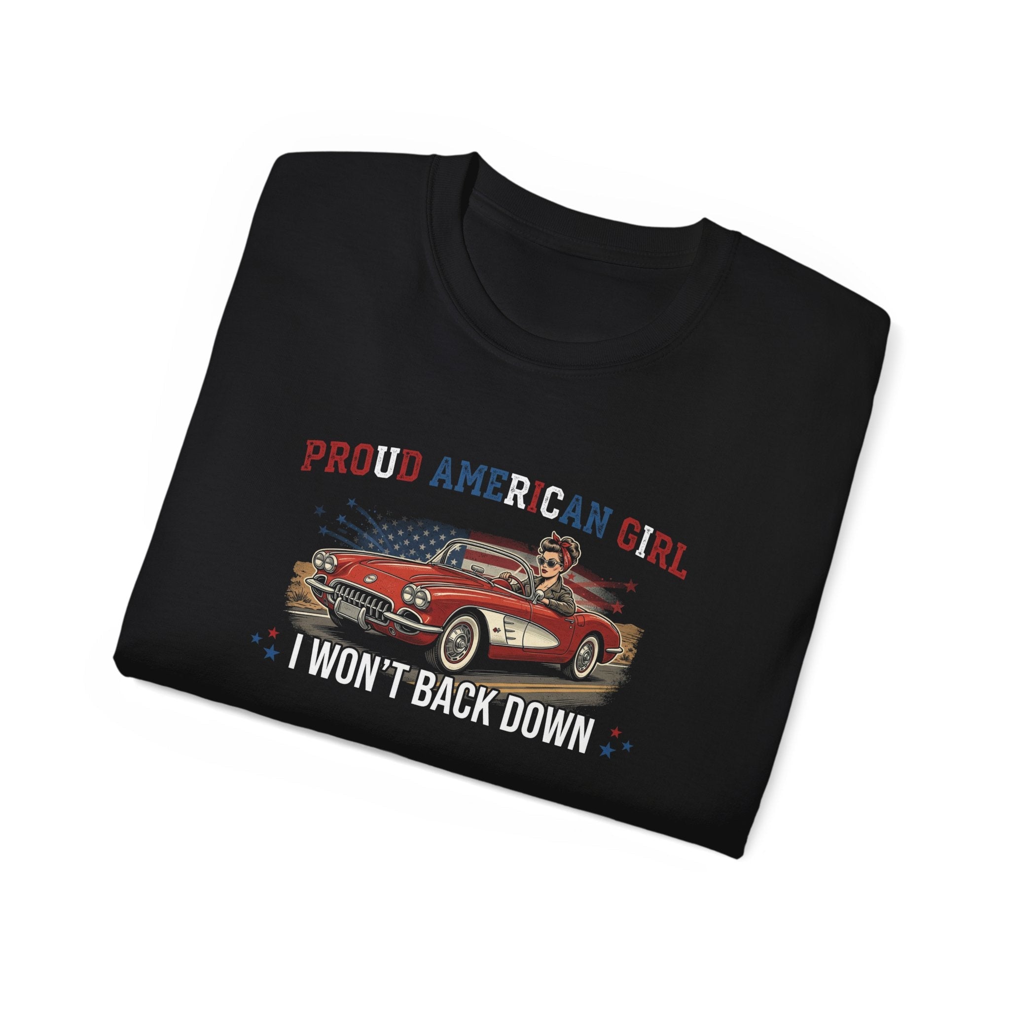 Proud American Girl Tee - 'I Won't Back Down' Vintage Car Patriotic T-Shirt - Raven Quest Apparel