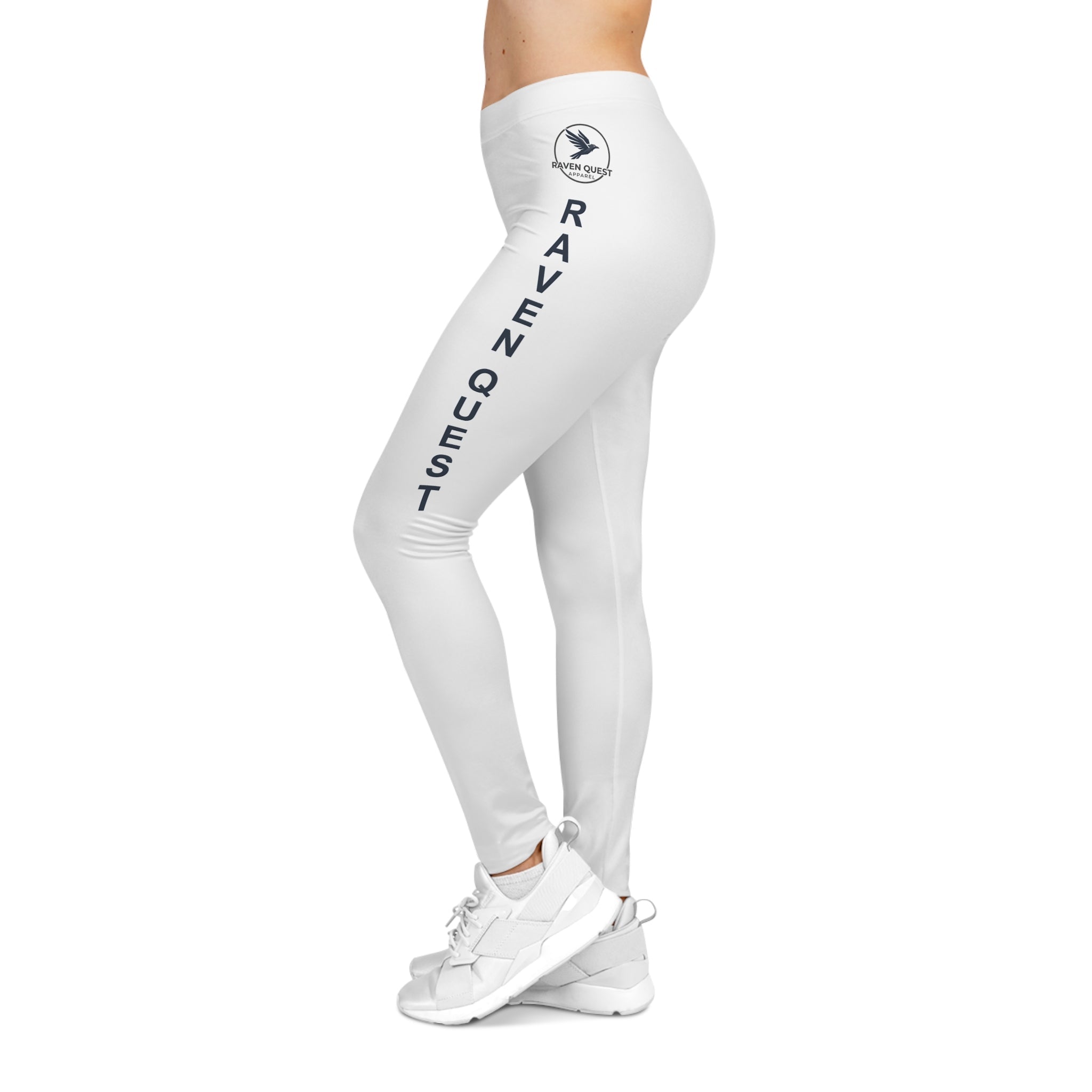 Raven Quest Women's Casual Leggings – White AOP Side - Text Athletic Leggings - Raven Quest Apparel