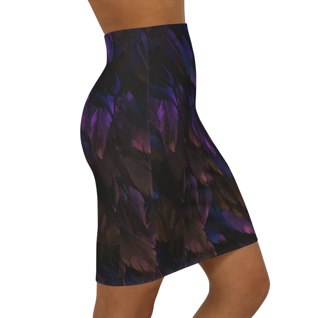 Raven Twilight Pencil Skirt — Purple Black Feather Print - Raven Quest Apparel