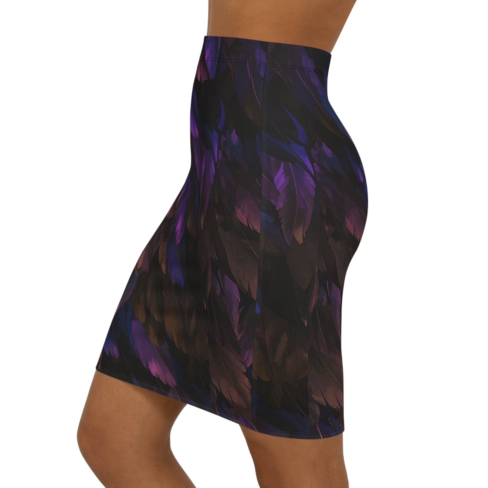 Raven Twilight Pencil Skirt — Purple Black Feather Print - Raven Quest Apparel