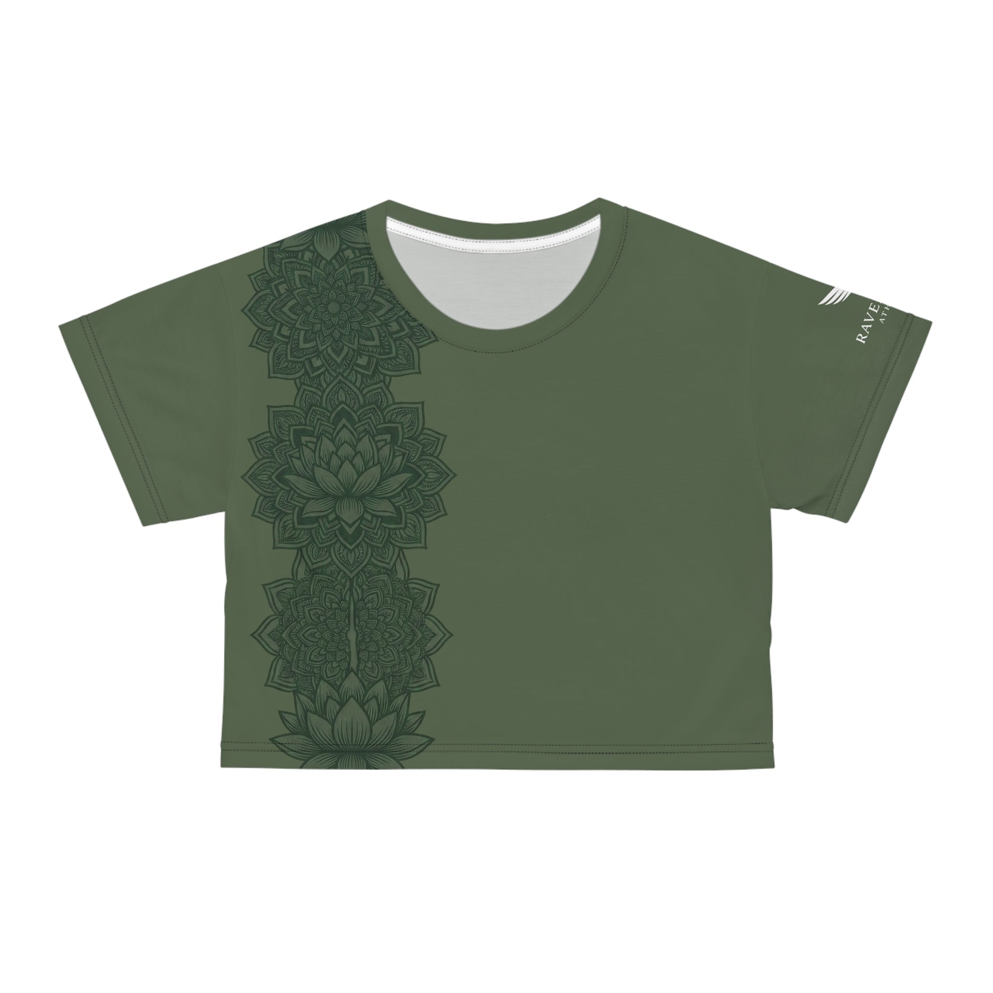 Raven Zen Moss Lotus Mandala Crop Tee — Olive Green Spiritual Yoga Top - Raven Quest Apparel