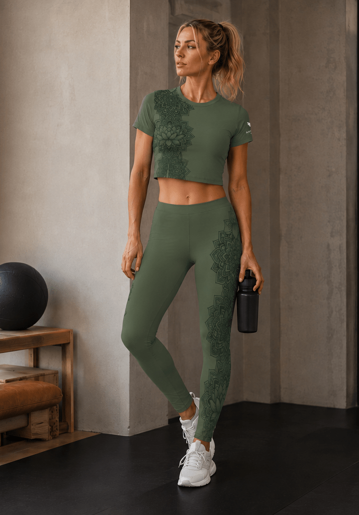 Raven Zen Moss Lotus Mandala Crop Tee — Olive Green Spiritual Yoga Top - Raven Quest Apparel