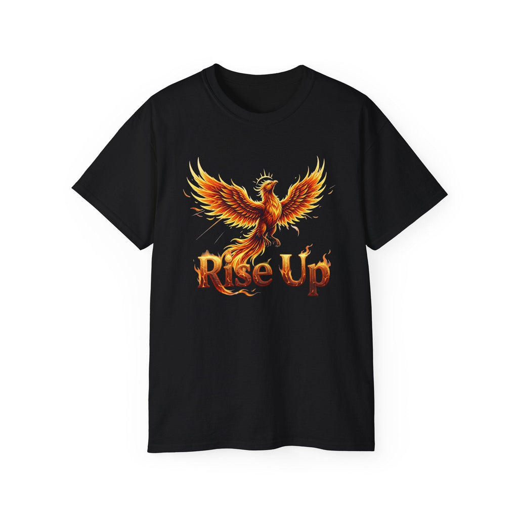 Rise Up Phoenix T-Shirt — Fiery Inspirational Graphic Tee - Raven Quest Apparel