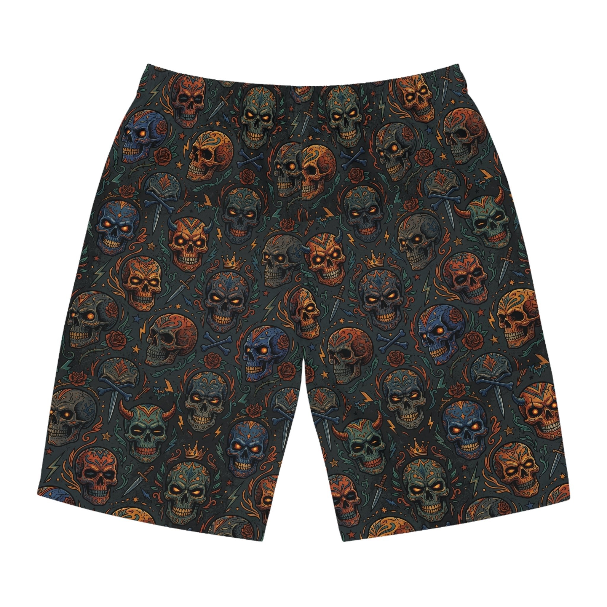 Skull Pattern Men’s Board Shorts — Dark Horror AOP Beachwear - Raven Quest Apparel