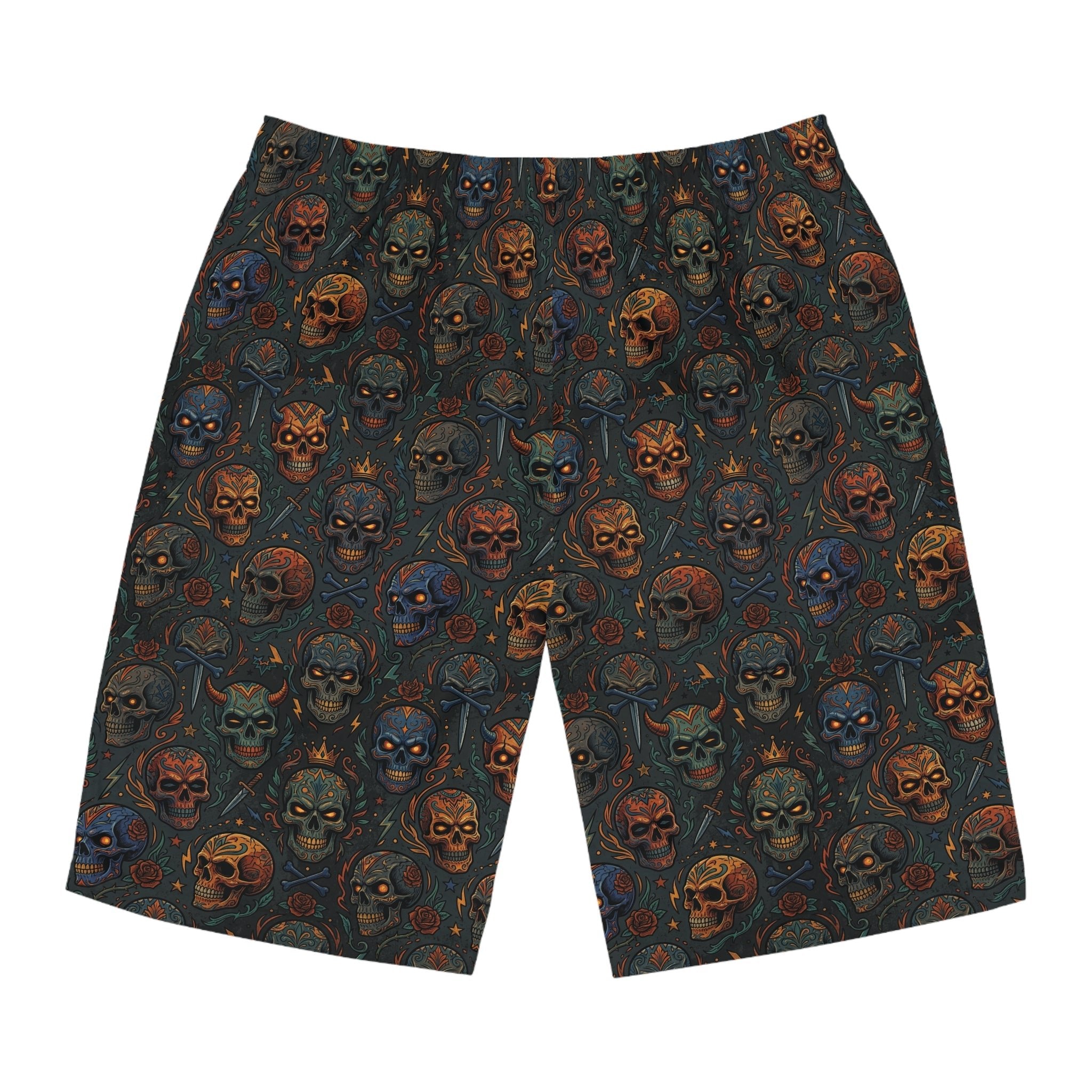 Skull Pattern Men’s Board Shorts — Dark Horror AOP Beachwear - Raven Quest Apparel