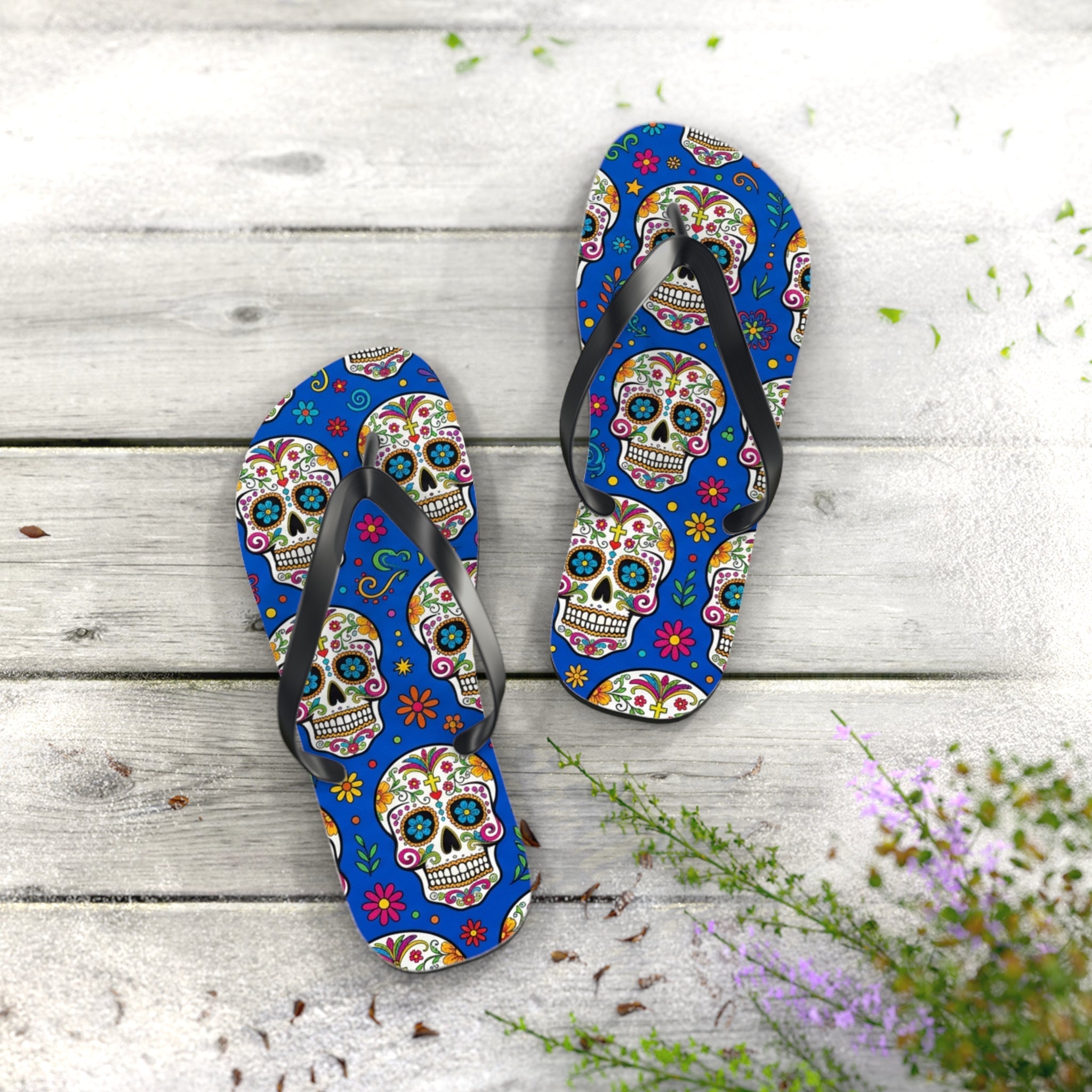 Sugar Skull Flip Flops — Colorful Day of the Dead Sandals - Raven Quest Apparel
