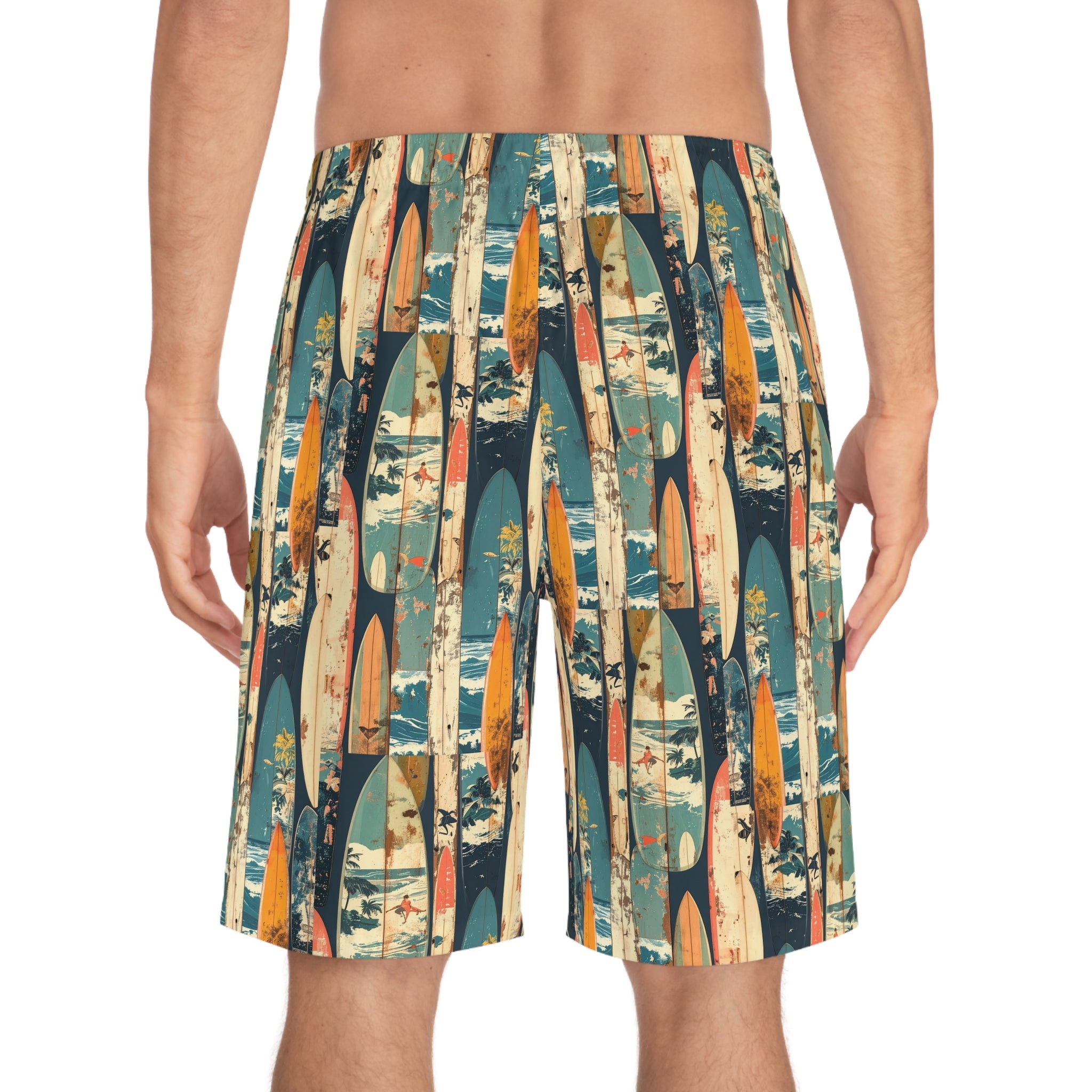 Surfboard Print Board Shorts — Vintage Coastal Men’s Swim Trunks - Raven Quest Apparel