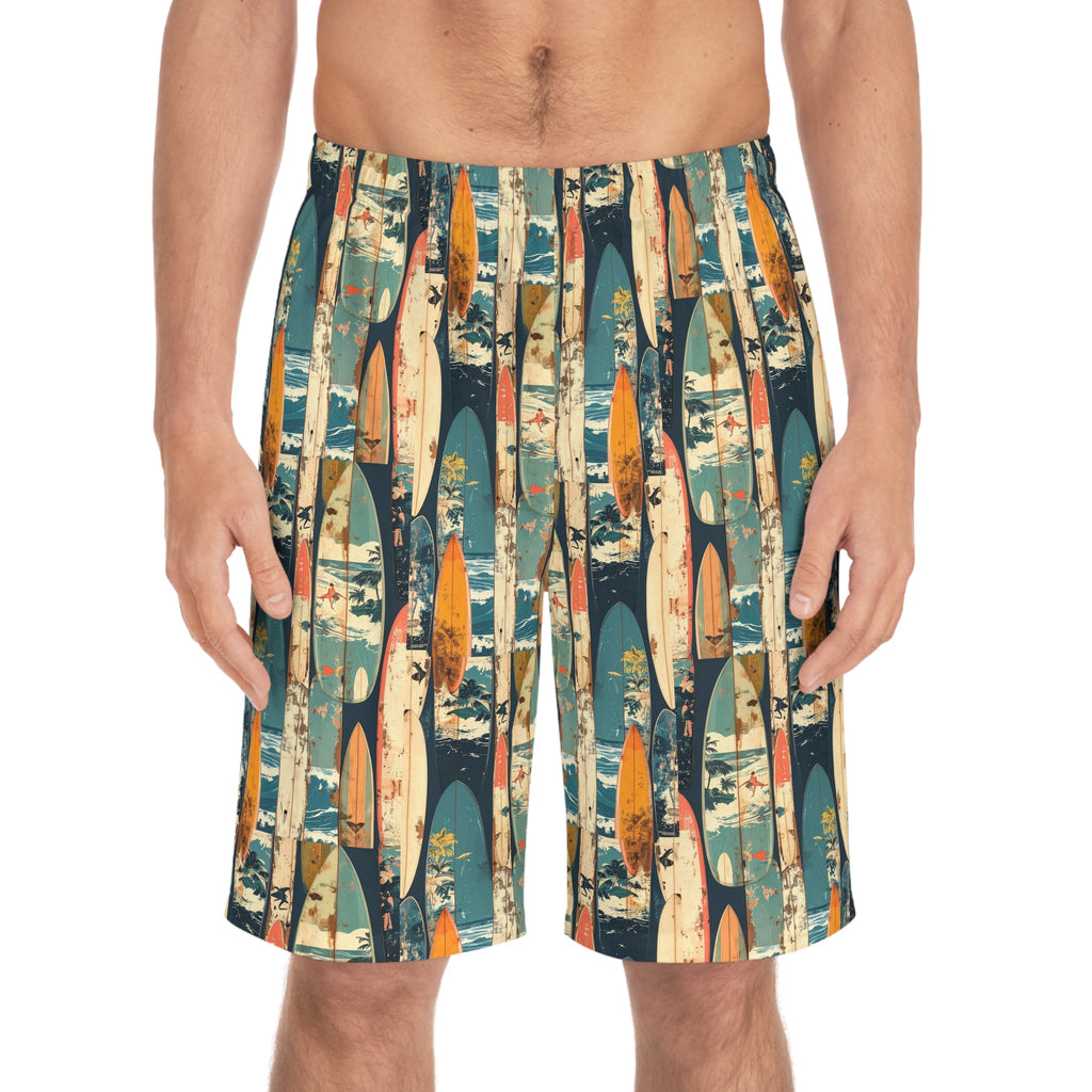 Surfboard Print Board Shorts — Vintage Coastal Men’s Swim Trunks - Raven Quest Apparel