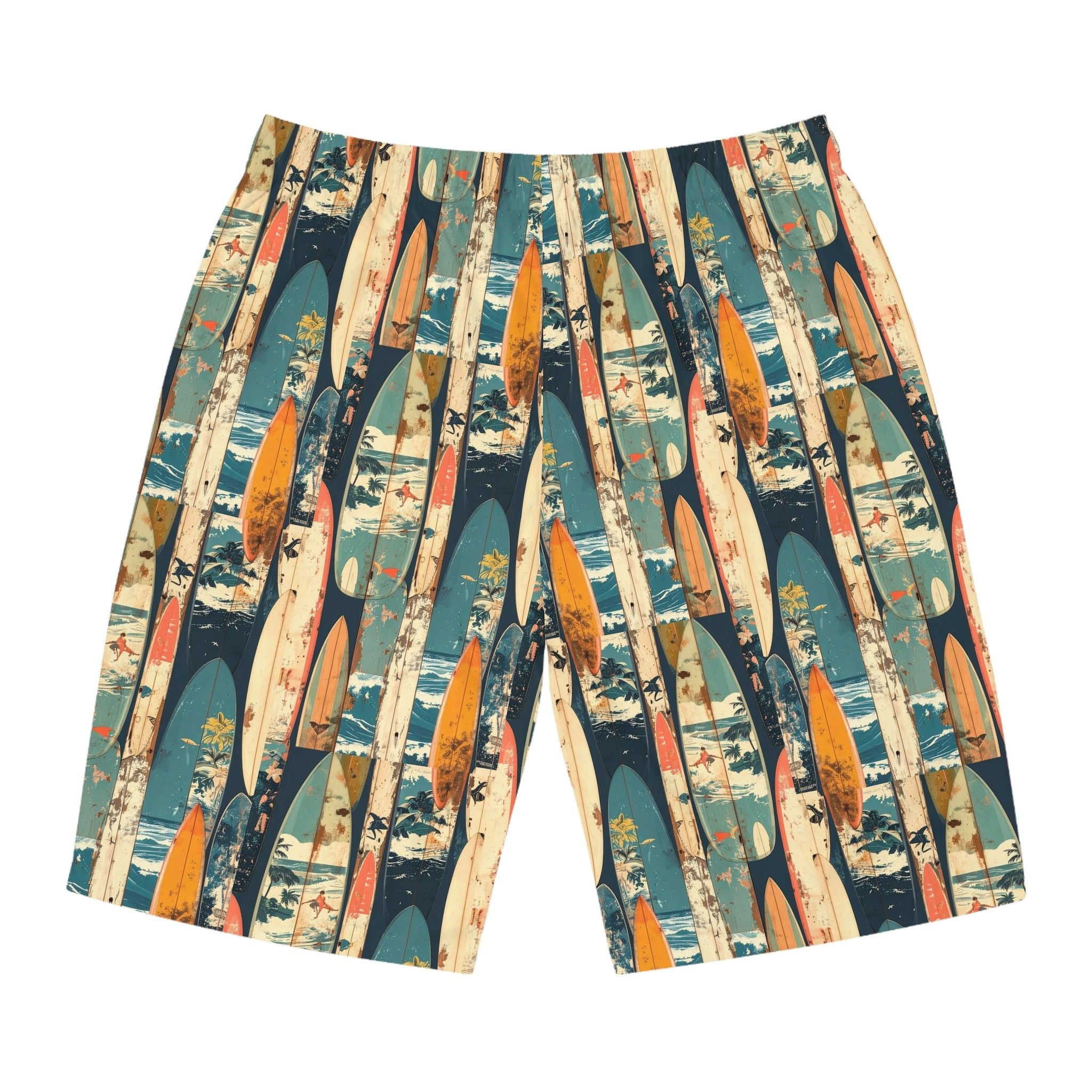 Surfboard Print Board Shorts — Vintage Coastal Men’s Swim Trunks - Raven Quest Apparel