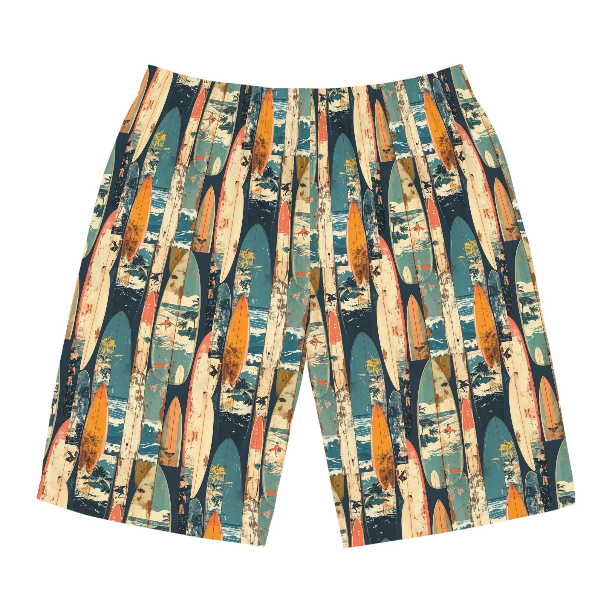 Surfboard Print Board Shorts — Vintage Coastal Men’s Swim Trunks - Raven Quest Apparel