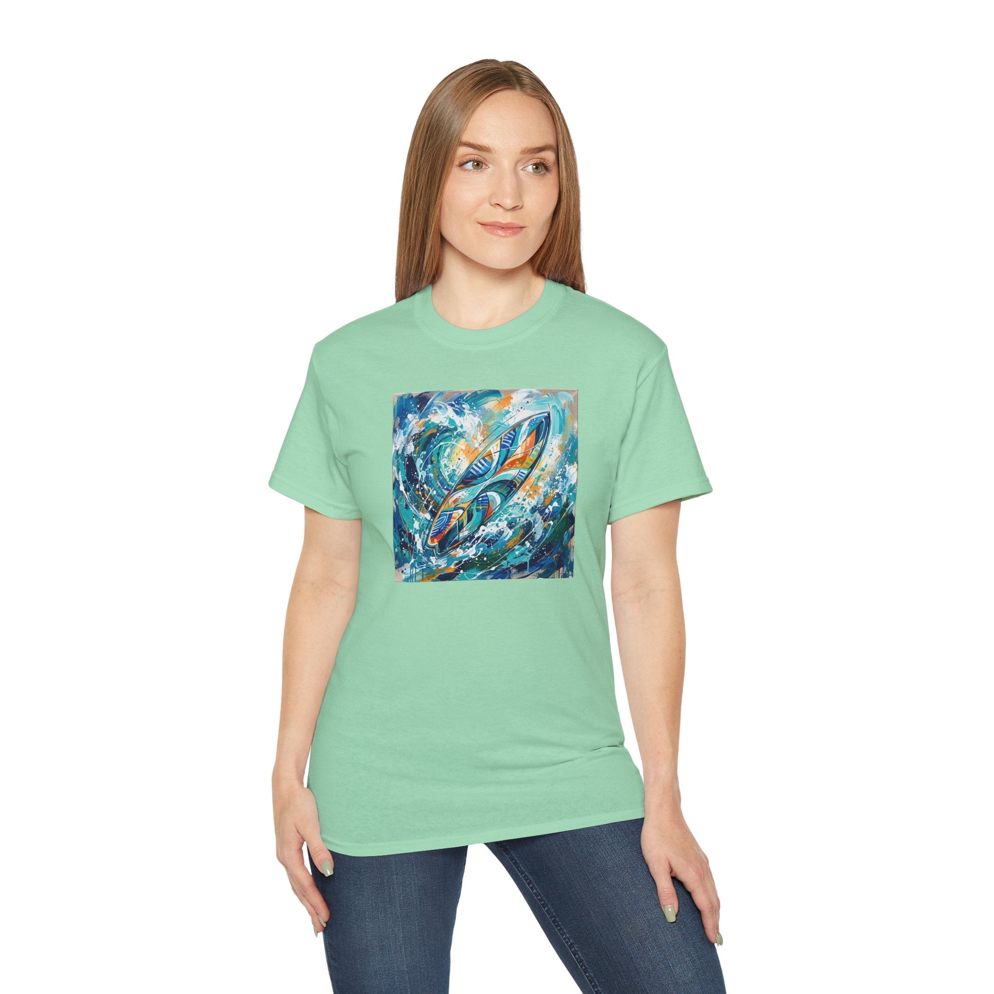 Surfboard Wave Art T-Shirt — Abstract Ocean Surfing Graphic Tee - Raven Quest Apparel