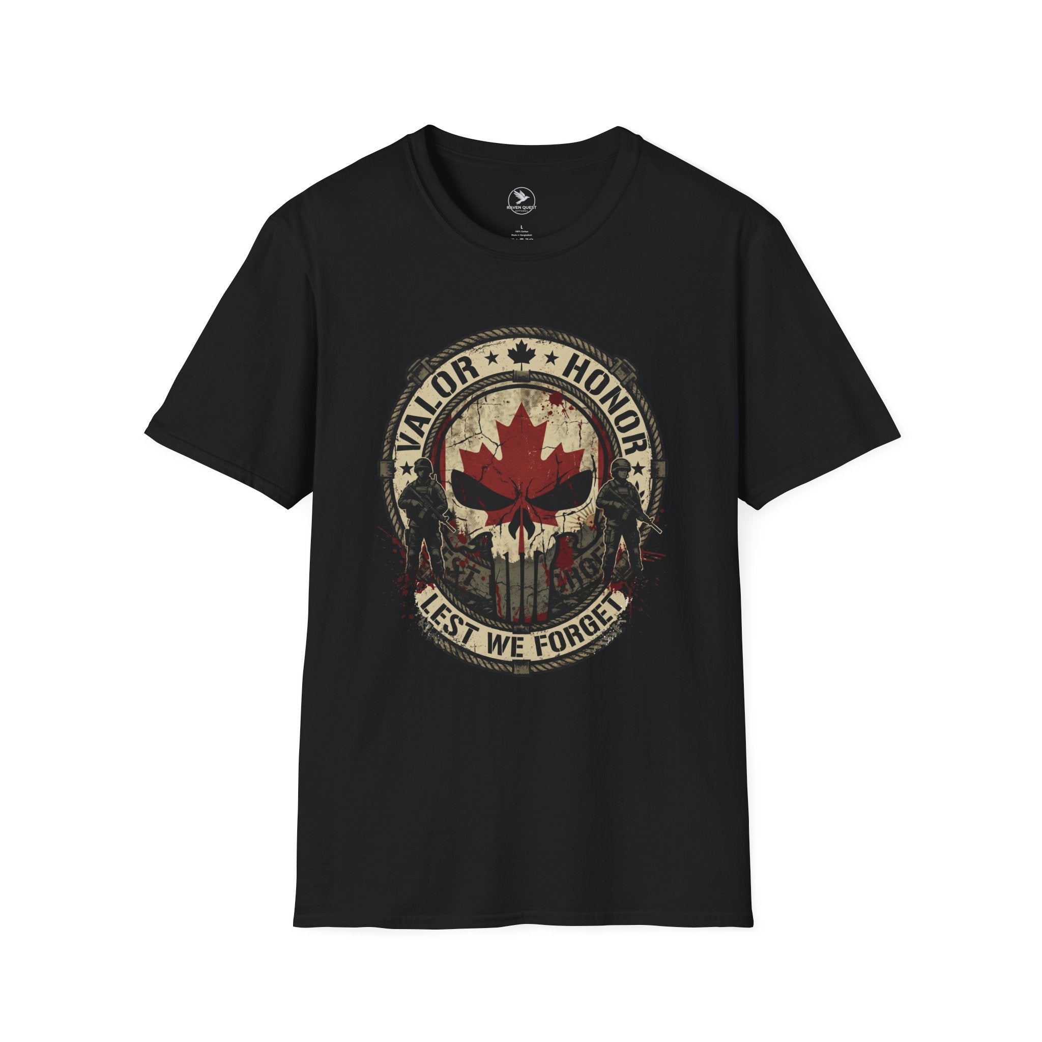 Valor & Honor Canadian Maple Skull T-Shirt — "Lest We Forget" Memorial Tee - Raven Quest Apparel