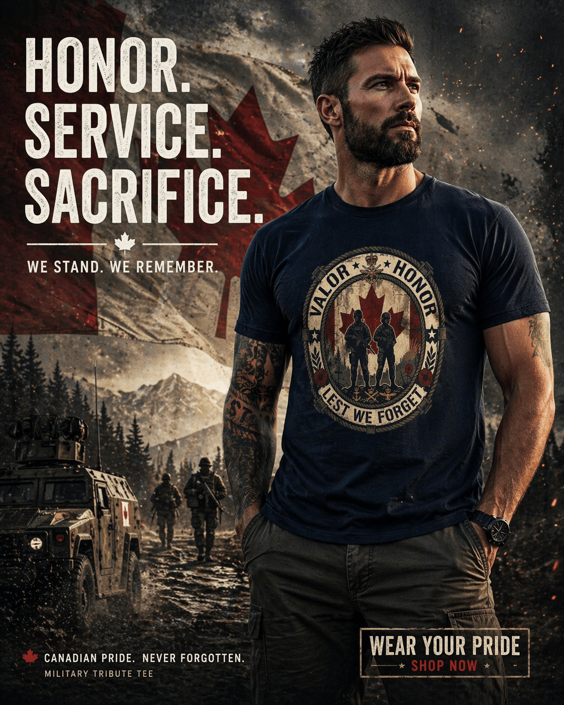 Valor & Honor Lest We Forget T-Shirt Canadian Military Tribute - Raven Quest Apparel