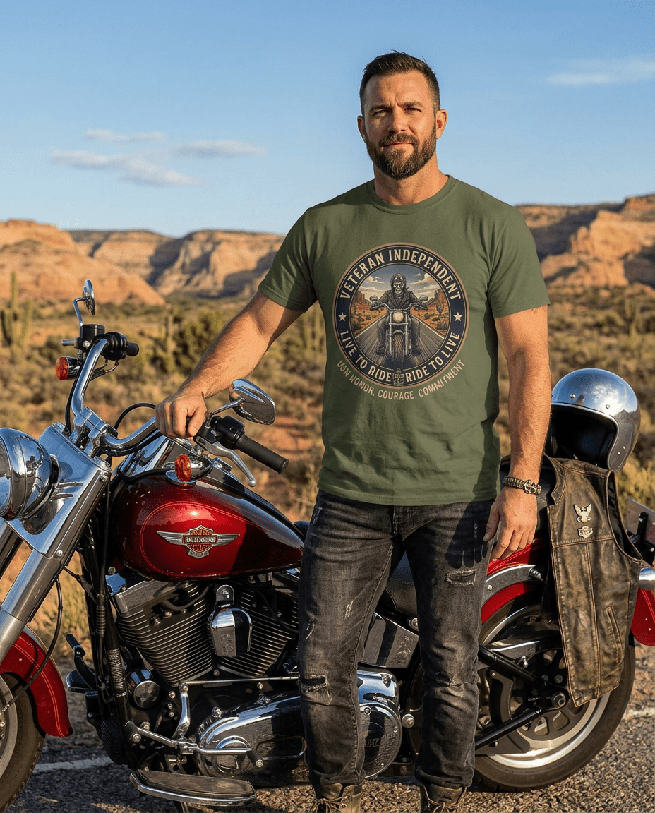 Veteran Independent Motorcycle T-Shirt — "Live to Ride, Ride to Live Navy" - Raven Quest Apparel