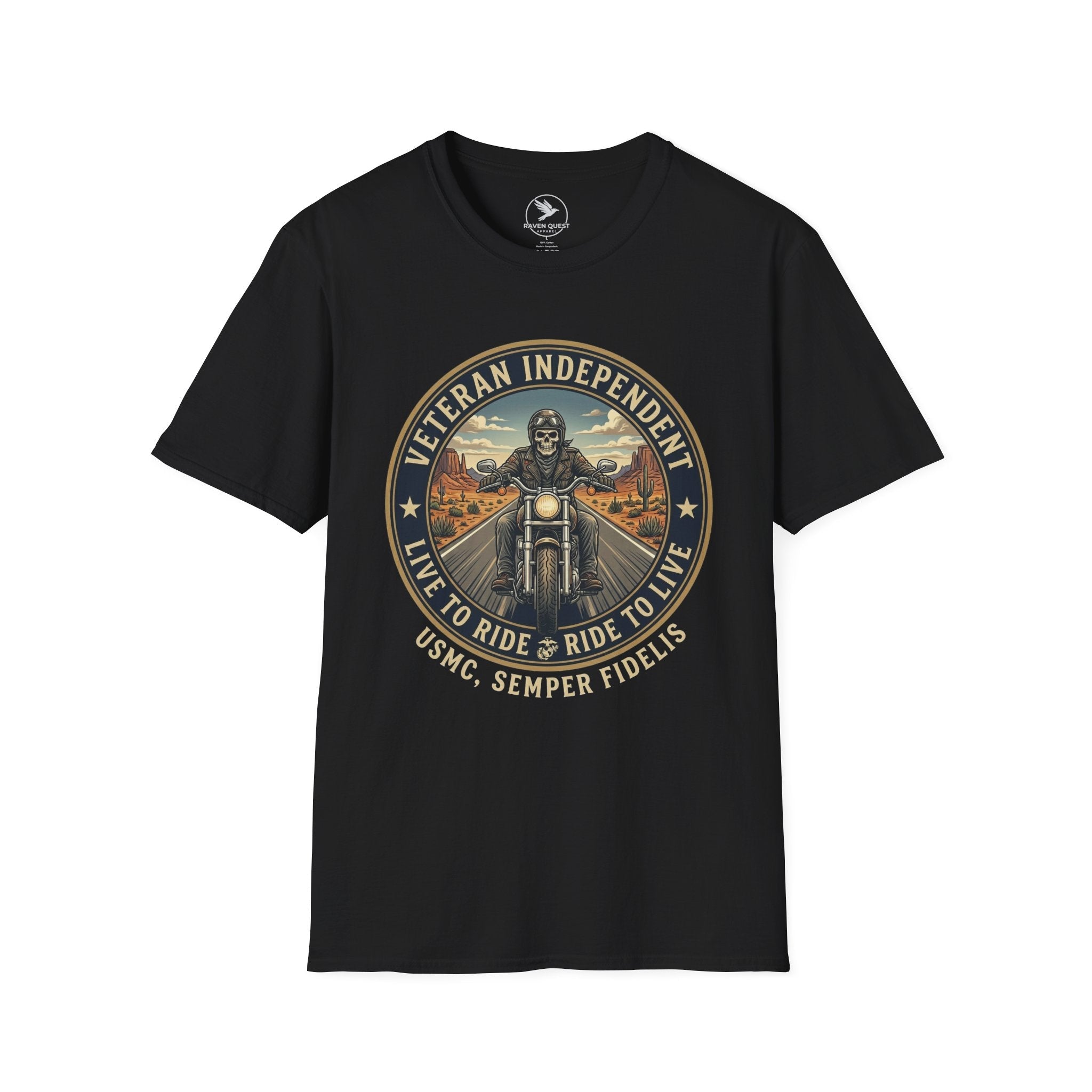 Veteran Independent Motorcycle T-Shirt — "Live to Ride, Ride to Live" USMC Semper Fidelis - Raven Quest Apparel