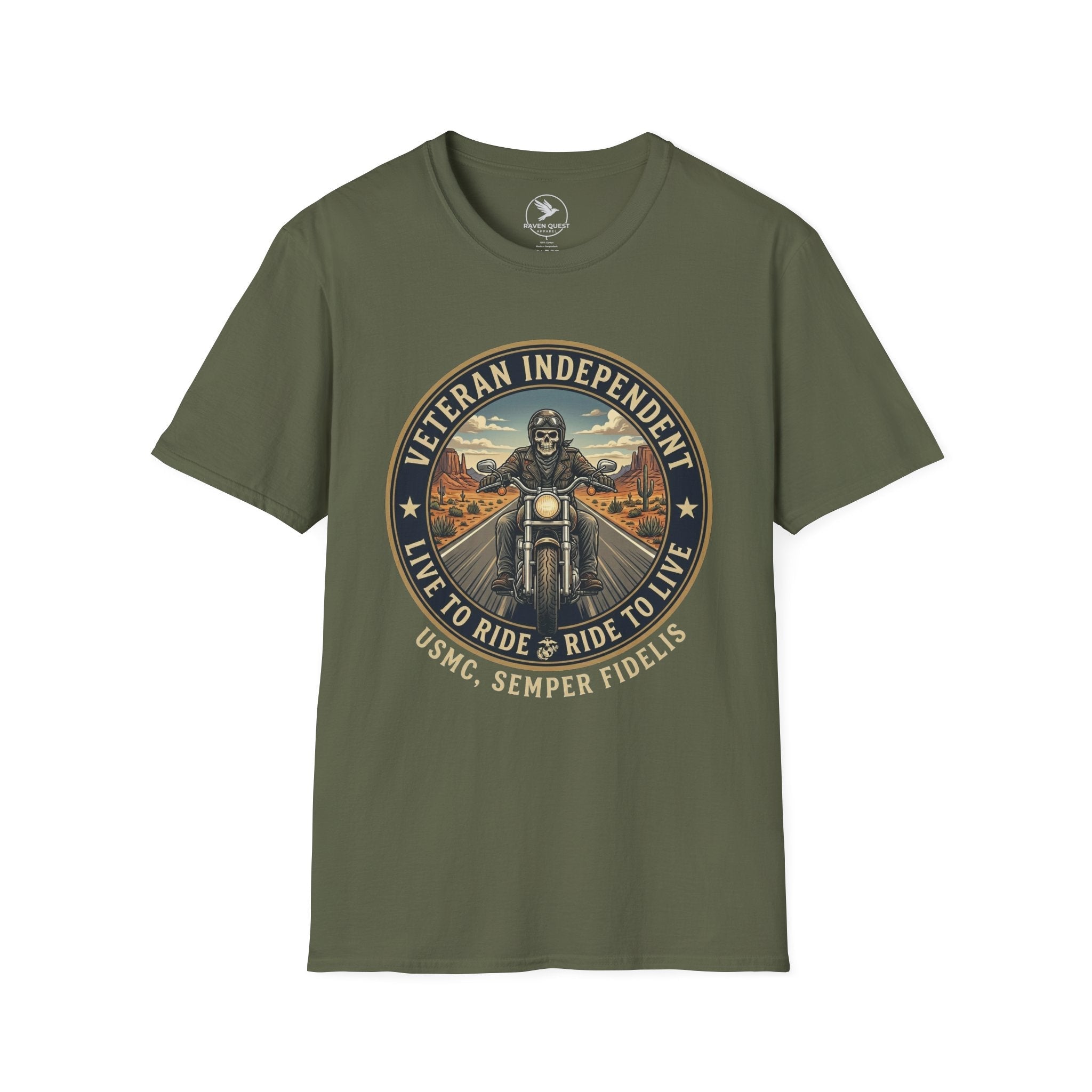 Veteran Independent Motorcycle T-Shirt — "Live to Ride, Ride to Live" USMC Semper Fidelis - Raven Quest Apparel