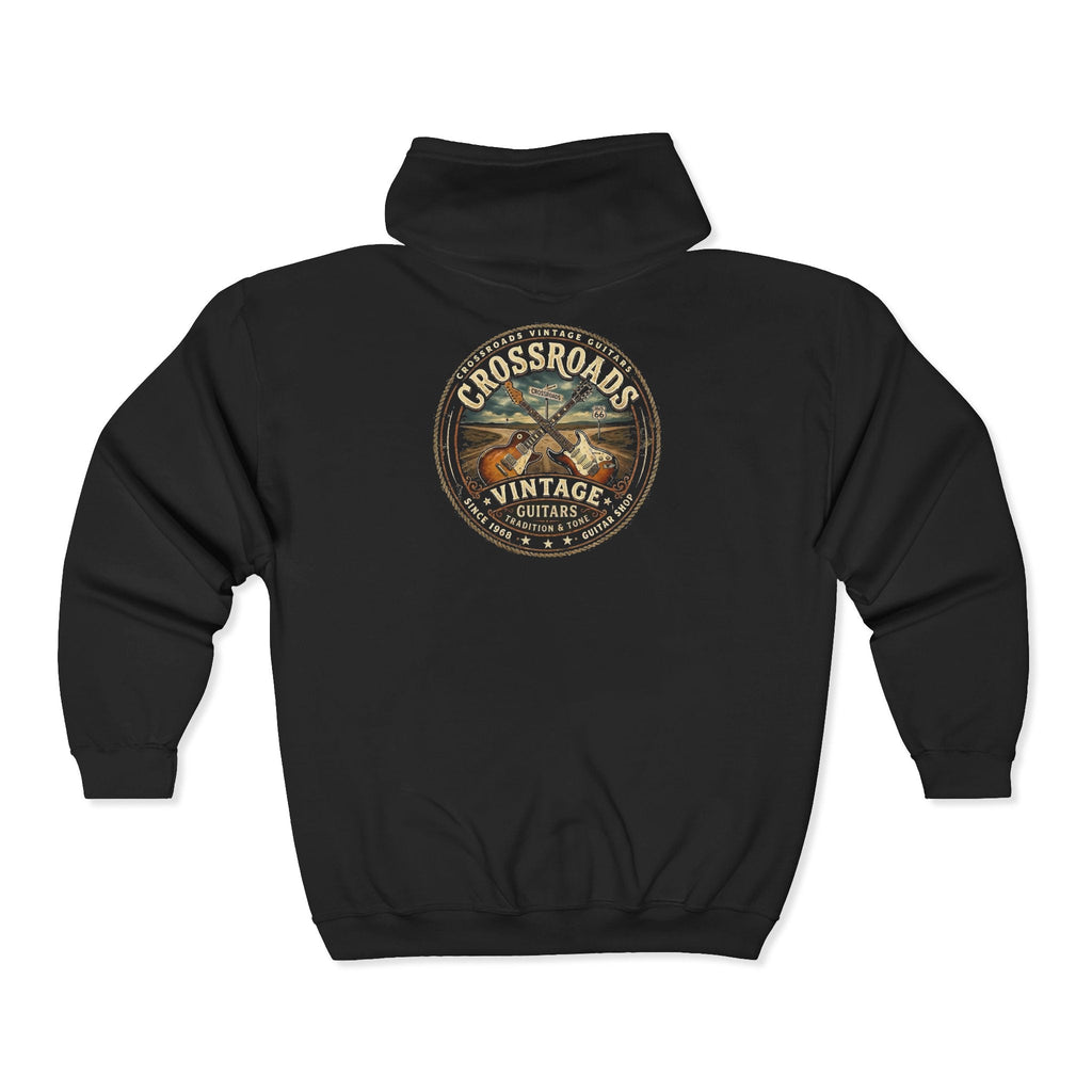 Vintage Guitar Crossroads Zip Hoodie — "Crossroads Vintage Guitars" Full - Zip Sweatshirt - Raven Quest Apparel