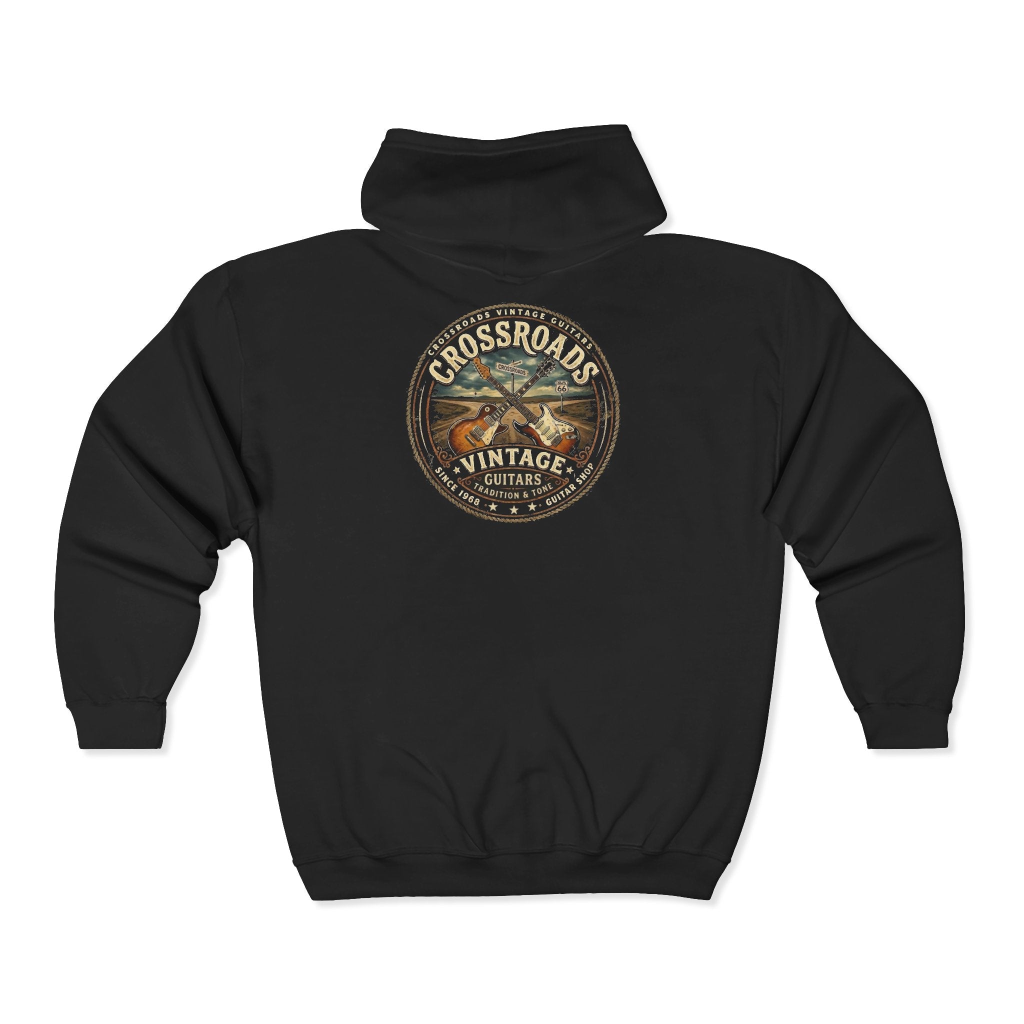Vintage Guitar Crossroads Zip Hoodie — "Crossroads Vintage Guitars" Full - Zip Sweatshirt - Raven Quest Apparel