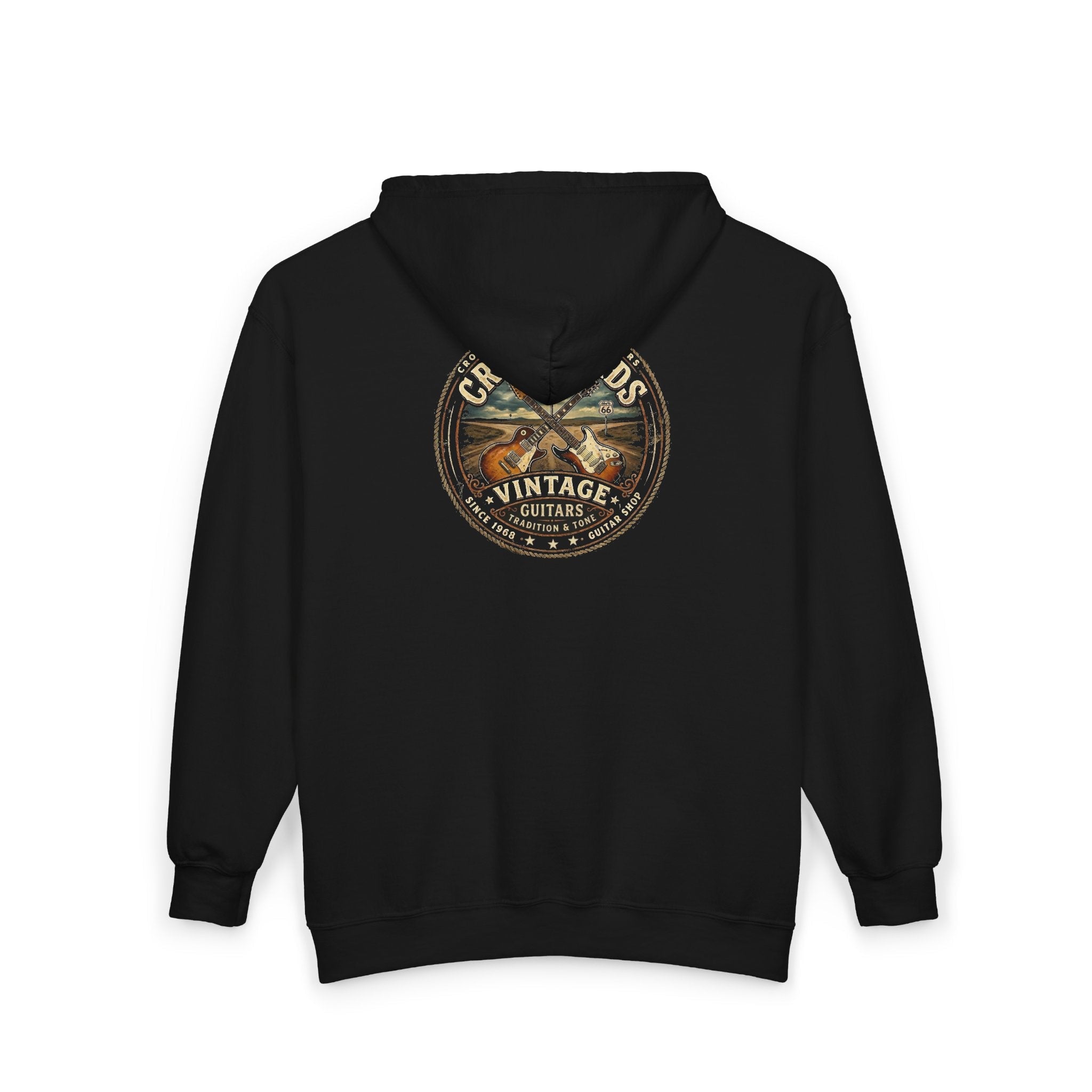 Vintage Guitar Crossroads Zip Hoodie — "Crossroads Vintage Guitars" Full - Zip Sweatshirt - Raven Quest Apparel
