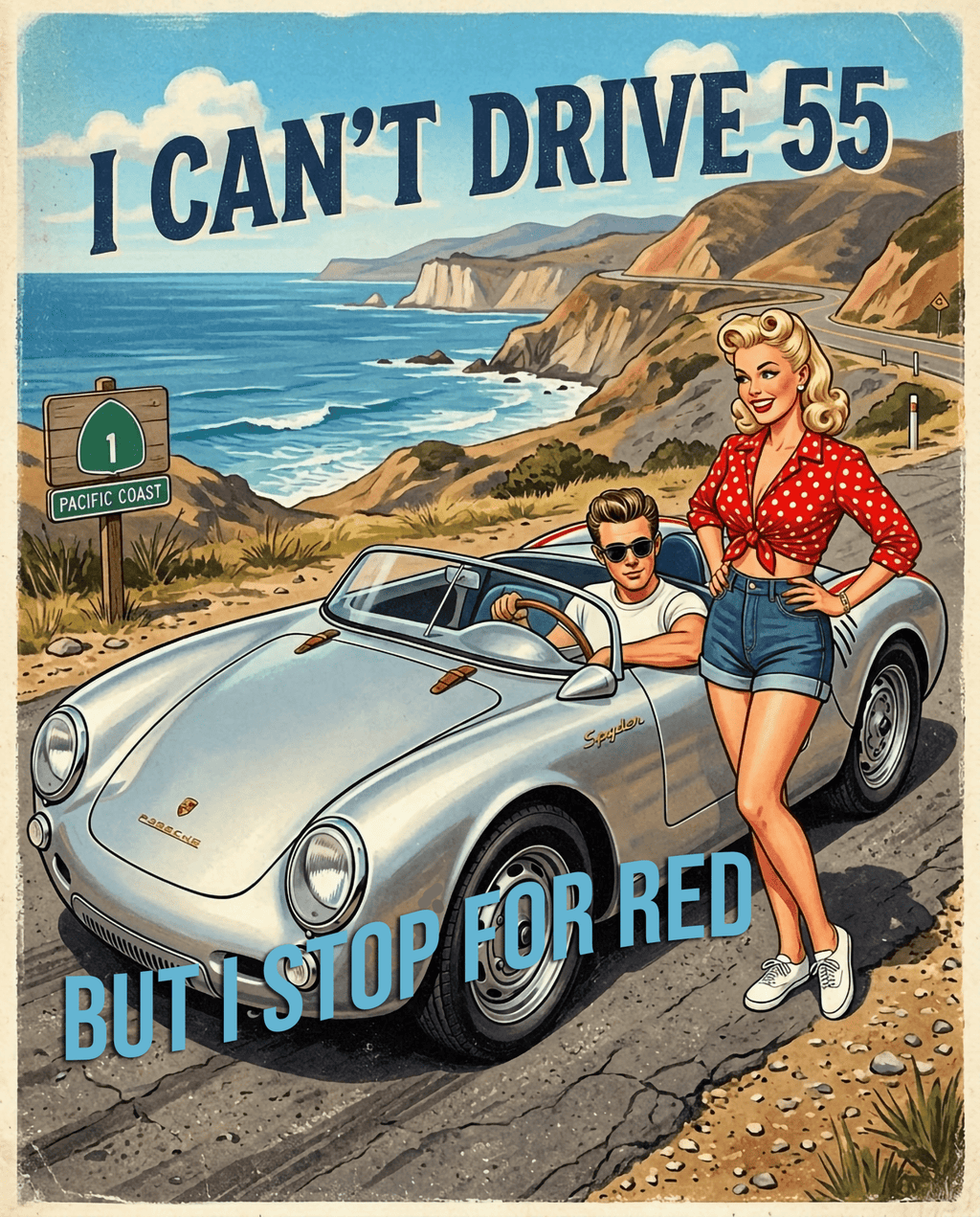 Vintage Racing T-Shirt — "I Can't Drive 55 But I’ll Stop For Red" Retro Car Tee - Raven Quest Apparel