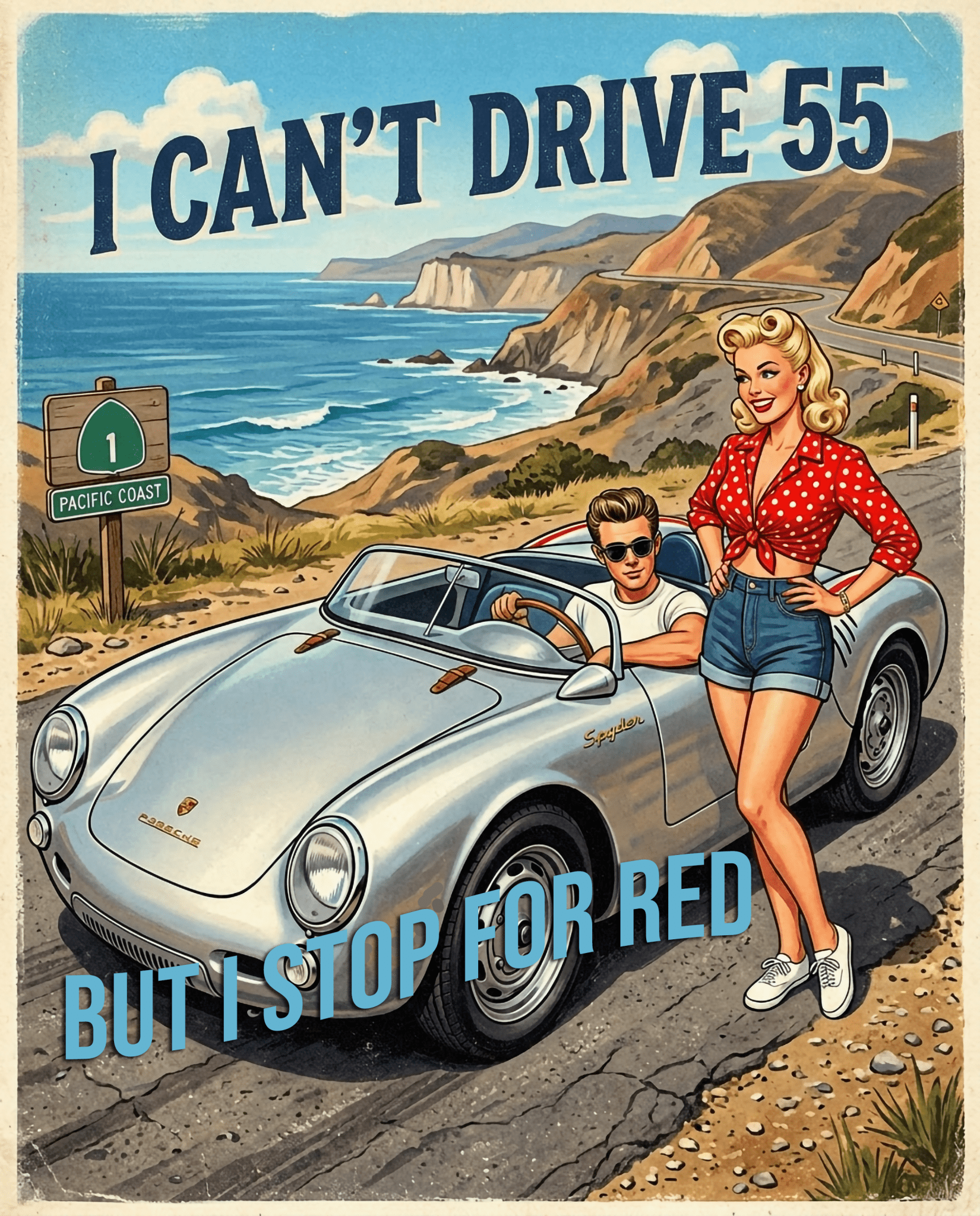 Vintage Racing T-Shirt — "I Can't Drive 55 But I’ll Stop For Red" Retro Car Tee - Raven Quest Apparel