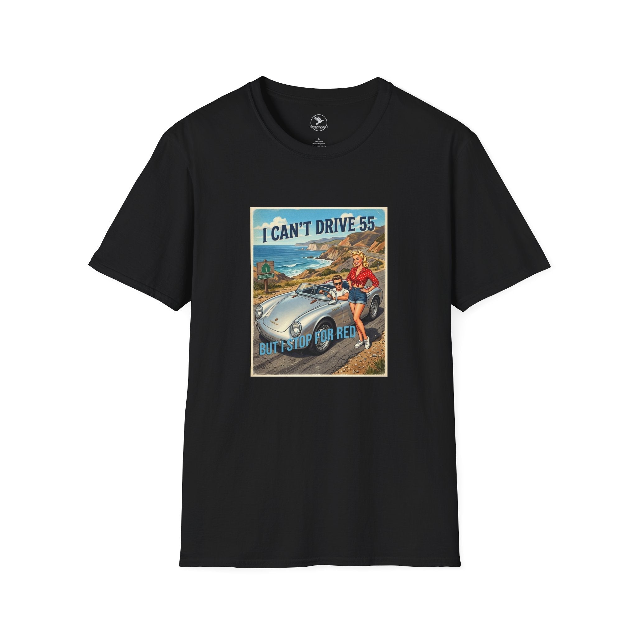 Vintage Racing T-Shirt — "I Can't Drive 55 But I’ll Stop For Red" Retro Car Tee - Raven Quest Apparel