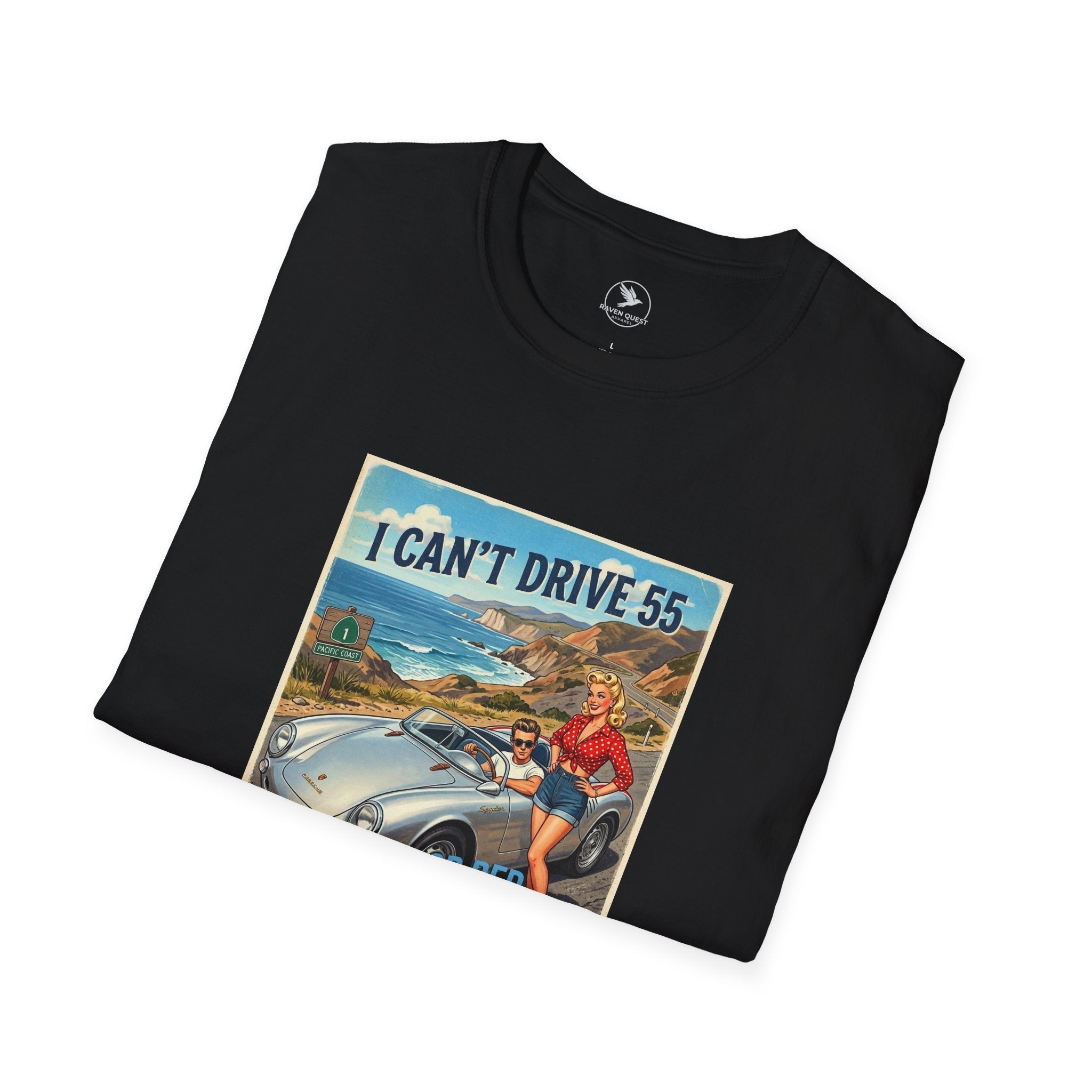Vintage Racing T-Shirt — "I Can't Drive 55 But I’ll Stop For Red" Retro Car Tee - Raven Quest Apparel