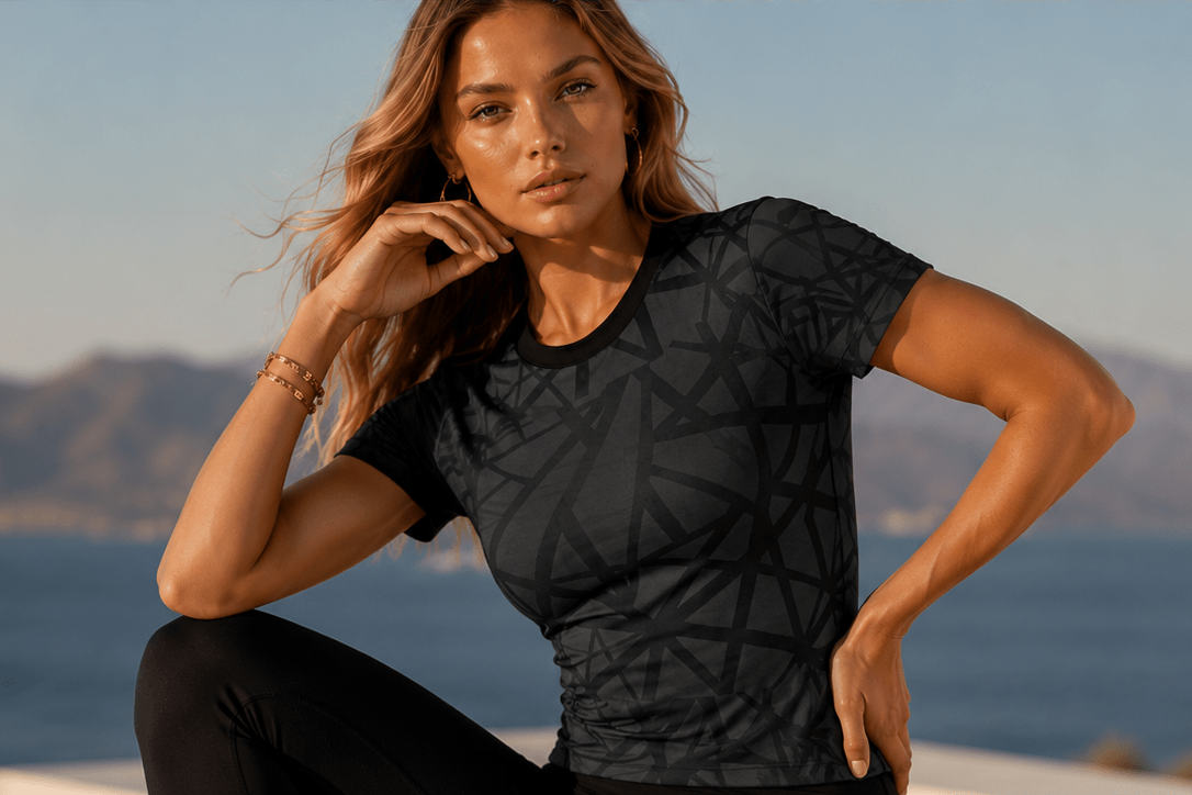 Women's Abstract Black Line Pattern Tee — All - Over Print Fashion Top - Raven Quest Apparel