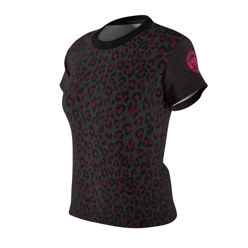 Women's Leopard Print Tee — Black & Burgundy All - Over Graphic Shirt - Raven Quest Apparel