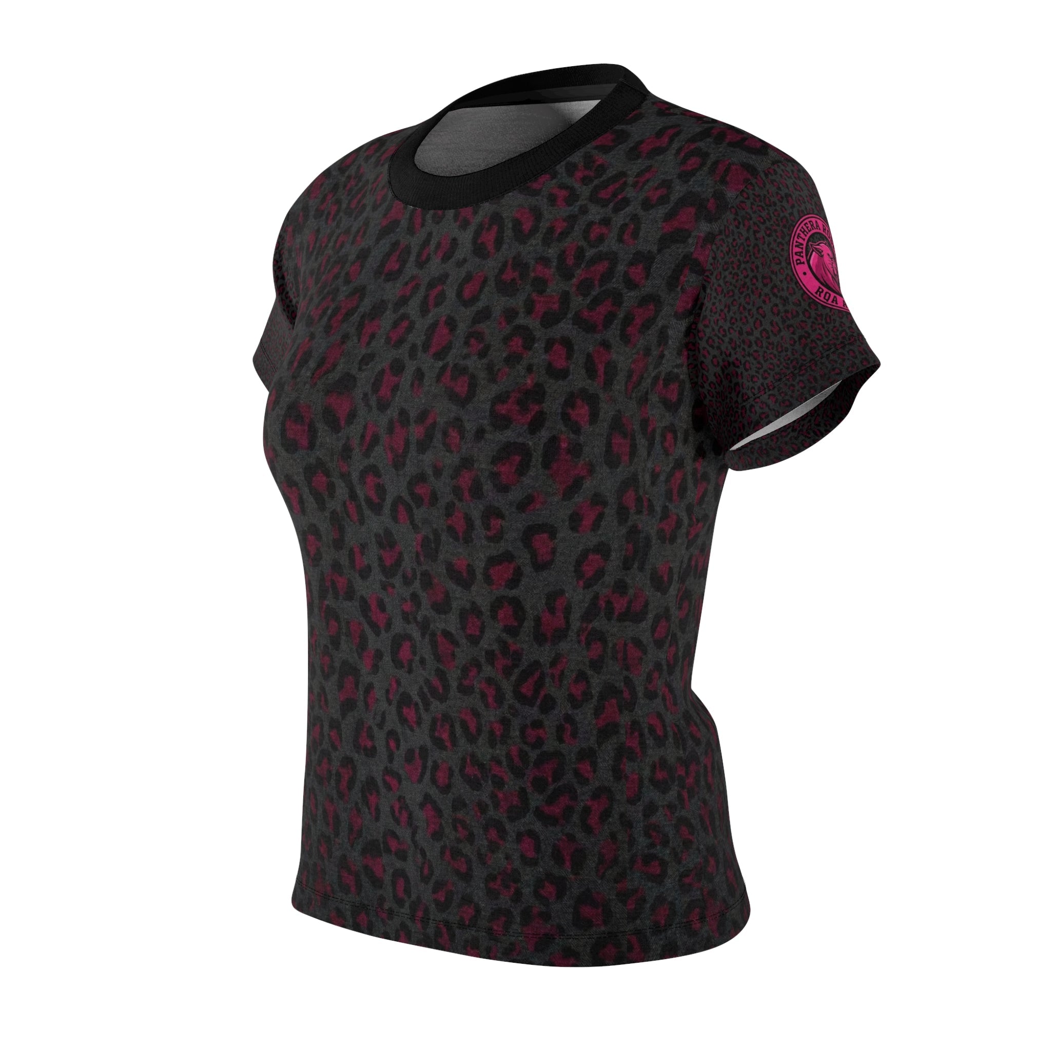 Women's Leopard Print Tee — Black & Burgundy All - Over Graphic Shirt - Raven Quest Apparel