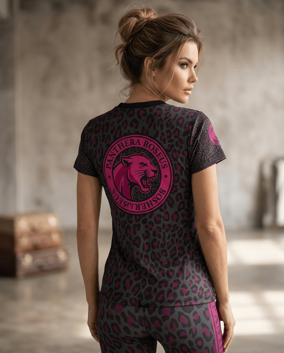 Women's Leopard Print Tee — Black & Burgundy All - Over Graphic Shirt - Raven Quest Apparel