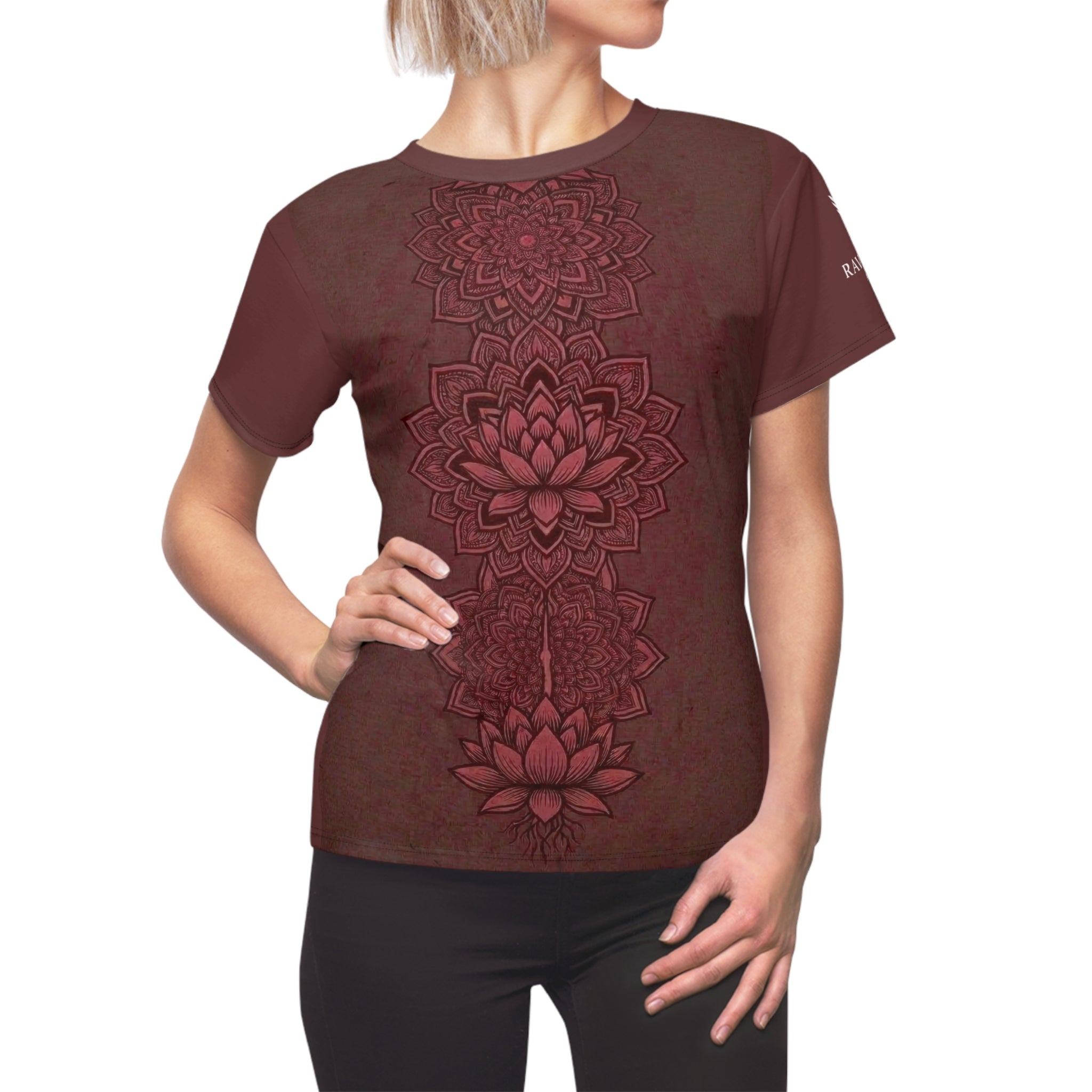 Women's Lotus Mandala Tee — Burgundy Floral Zen Graphic Shirt - Raven Quest Apparel