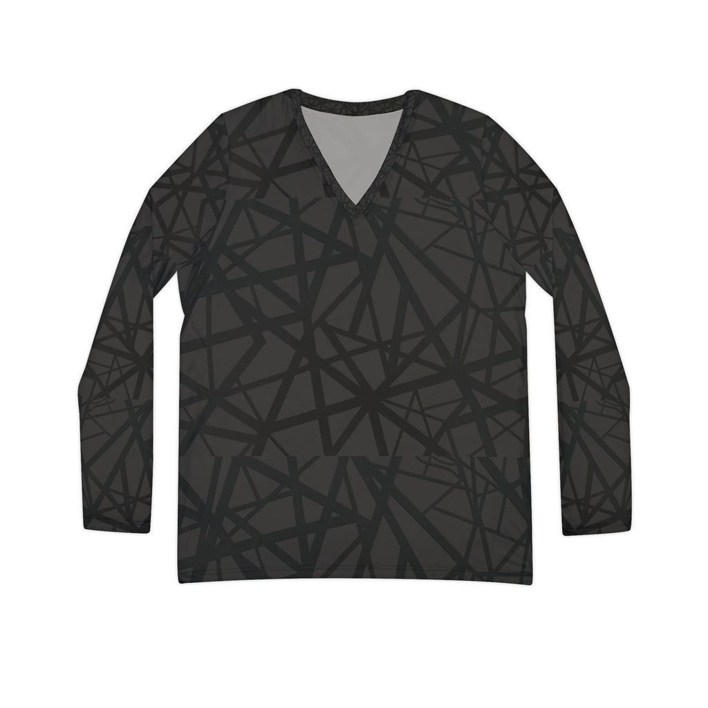 Women's V - Neck Long Sleeve Shirt — Black Abstract Line Pattern, All - Over Print - Raven Quest Apparel