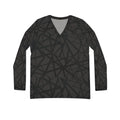 Women's V - Neck Long Sleeve Shirt — Black Abstract Line Pattern, All - Over Print - Raven Quest Apparel