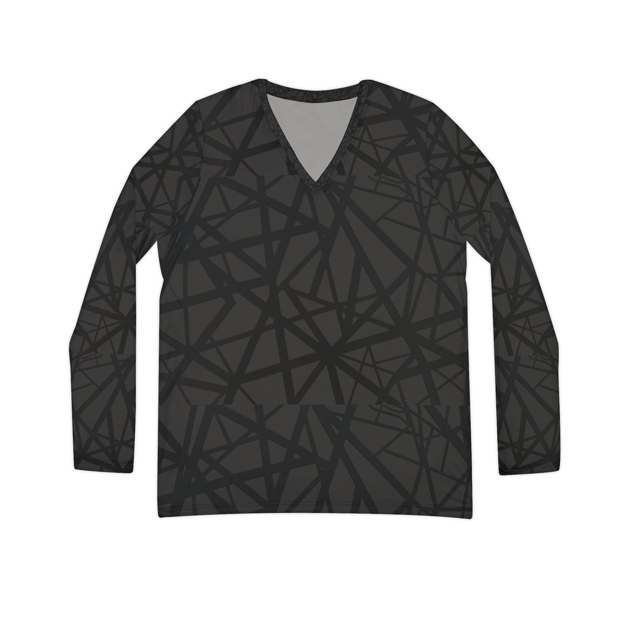 Women's V - Neck Long Sleeve Shirt — Black Abstract Line Pattern, All - Over Print - Raven Quest Apparel