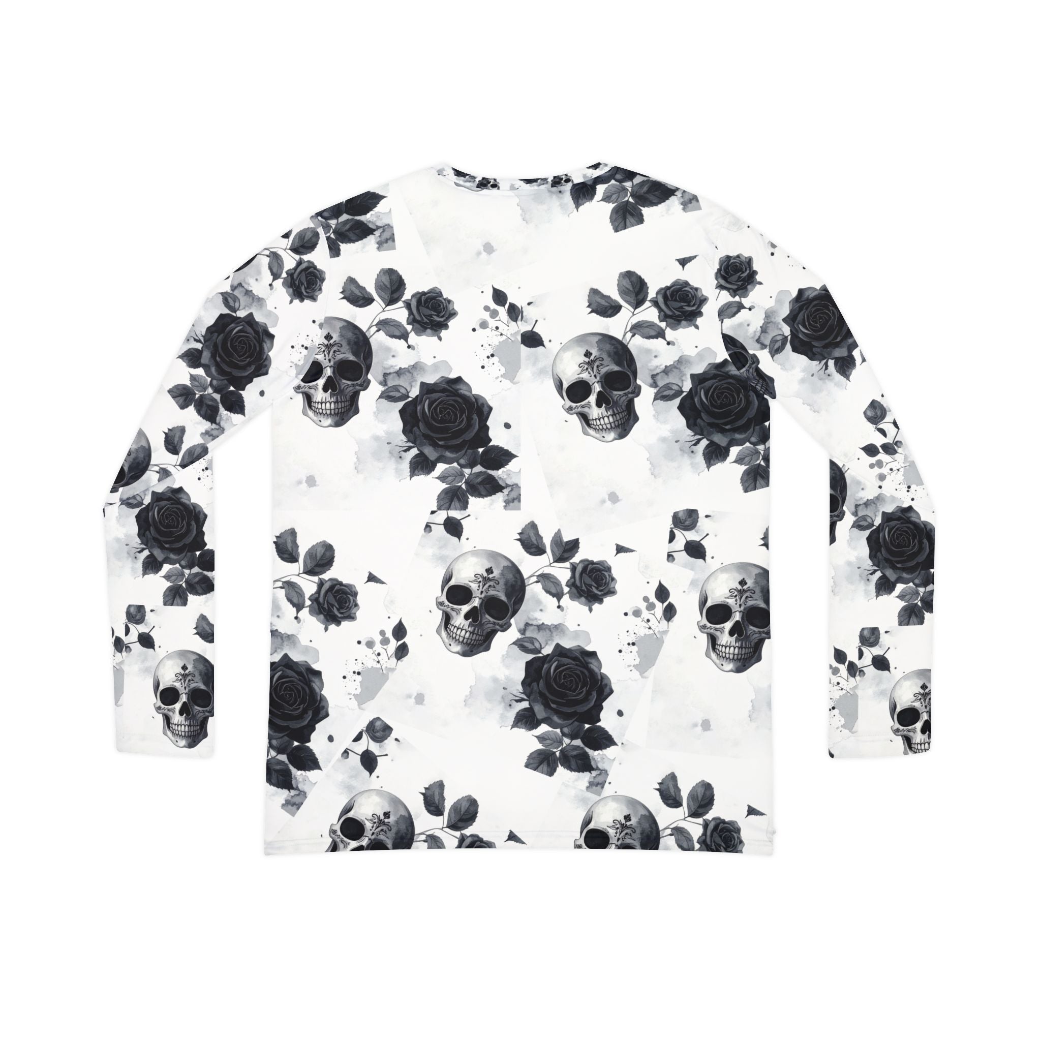 Women's V - Neck Long Sleeve Shirt — Black Skull & Rose All - Over Print - Raven Quest Apparel