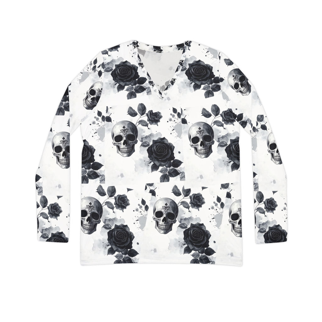 Women's V - Neck Long Sleeve Shirt — Black Skull & Rose All - Over Print - Raven Quest Apparel